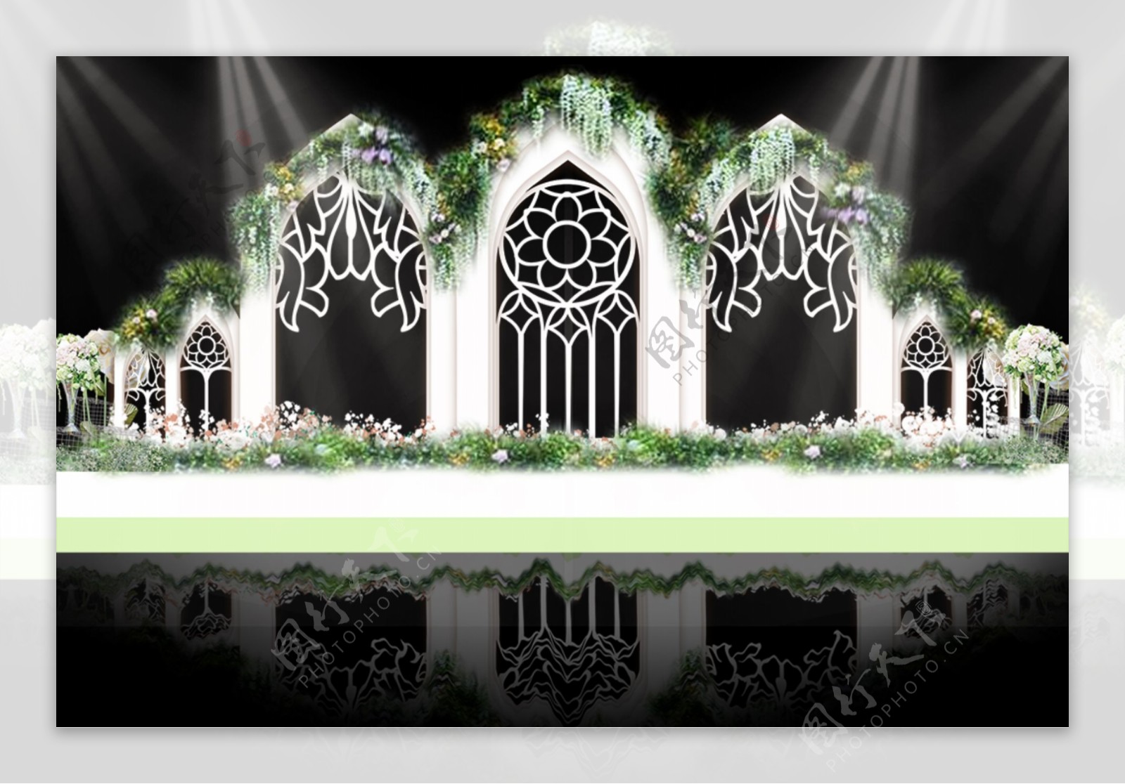 小清新拱门婚礼绿色欧式背景效果图