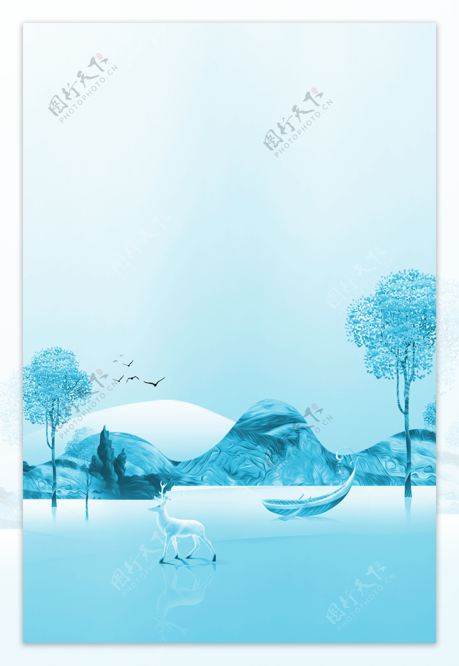 蓝色雪山小鹿霜降节气背景素材