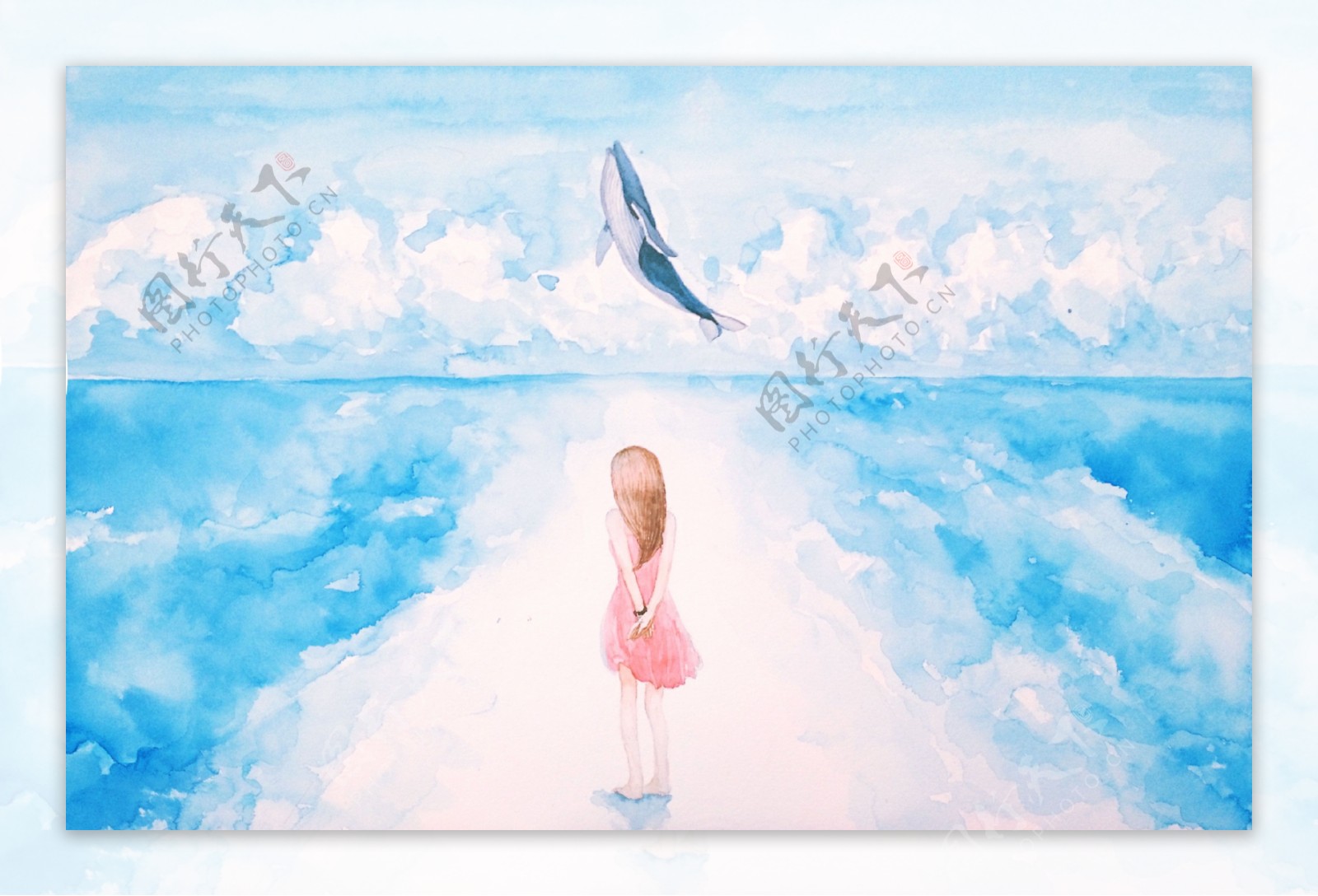 天空中的鲸鱼和少女水彩画