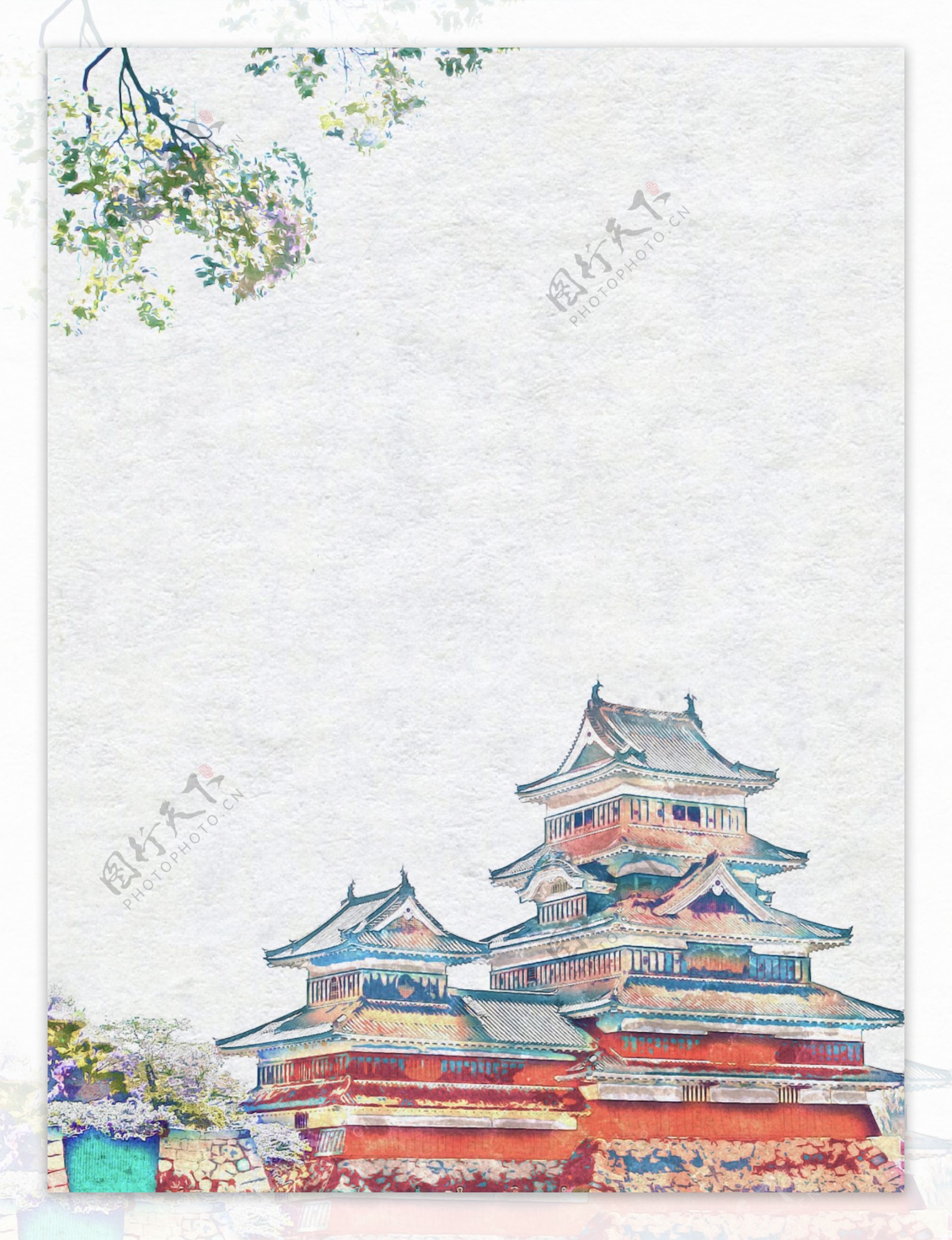 手绘风格日本古建筑阁楼背景