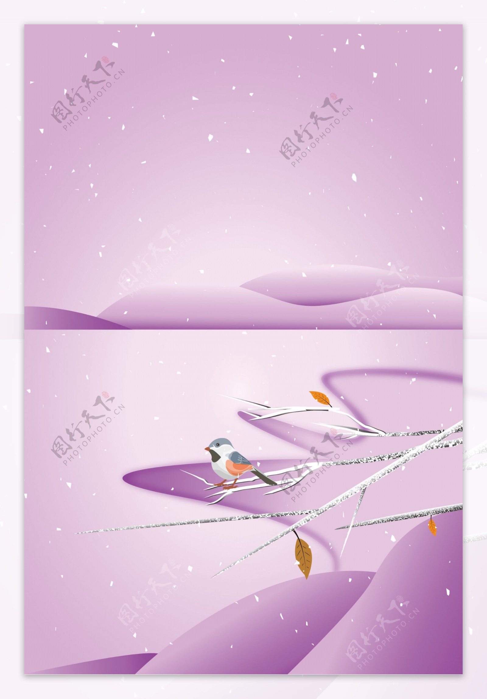 粉色系霜降节气雪地树枝小鸟背景设计