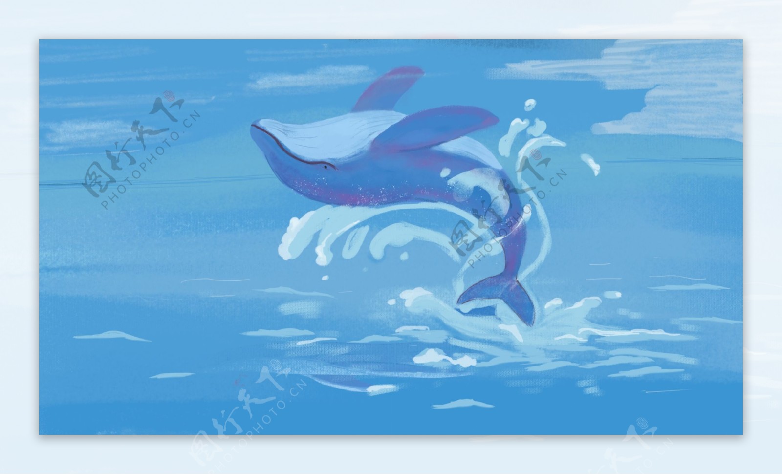 蓝色海洋中跳跃的蓝色鲸鱼卡通背景