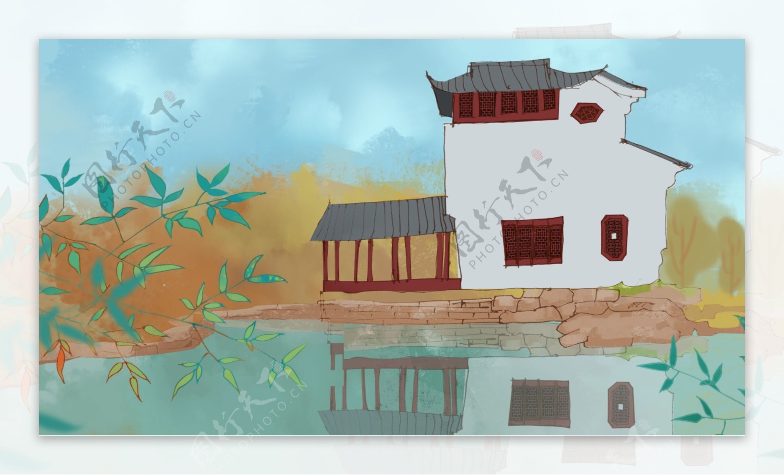 古典白色房屋池塘绿叶卡通背景