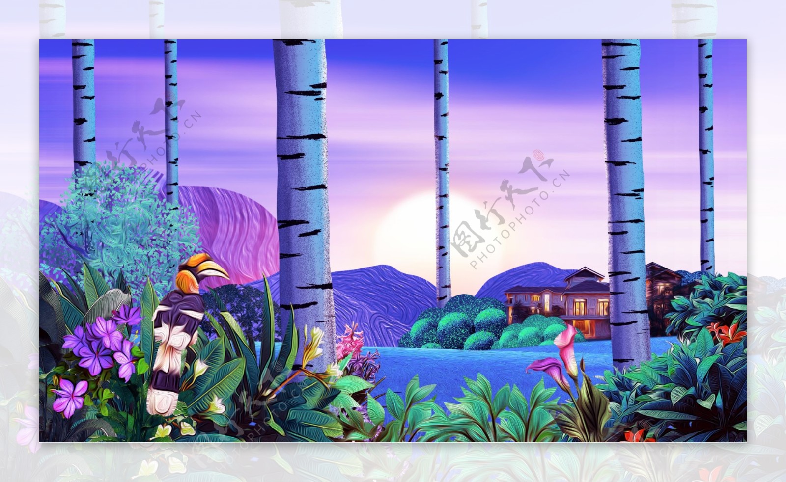 紫色系唯美树林海报背景素材