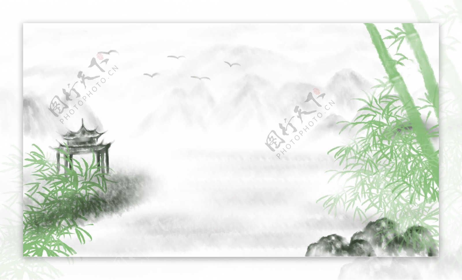 中国风凉亭绿色竹子山水背景