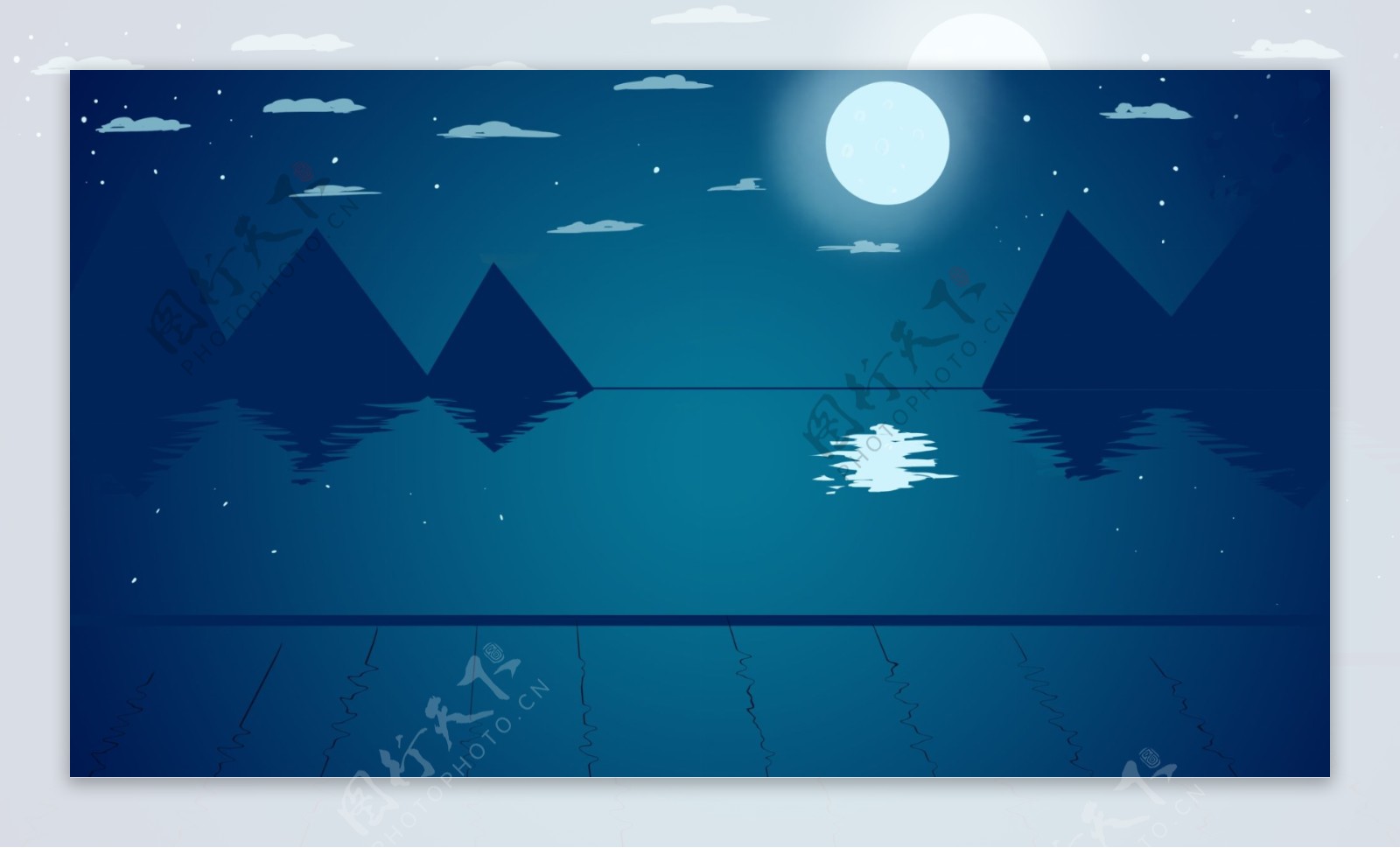 夜晚蓝色山水月亮水中的倒影卡通背景
