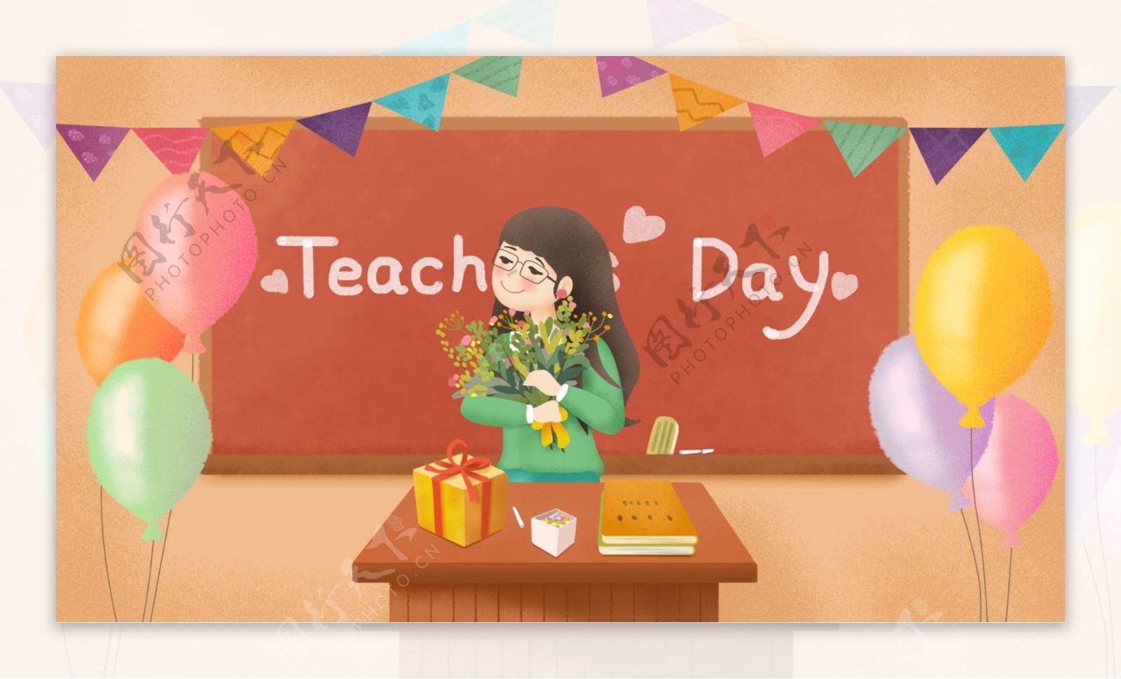 教室里收到鲜花的老师教师节卡通背景