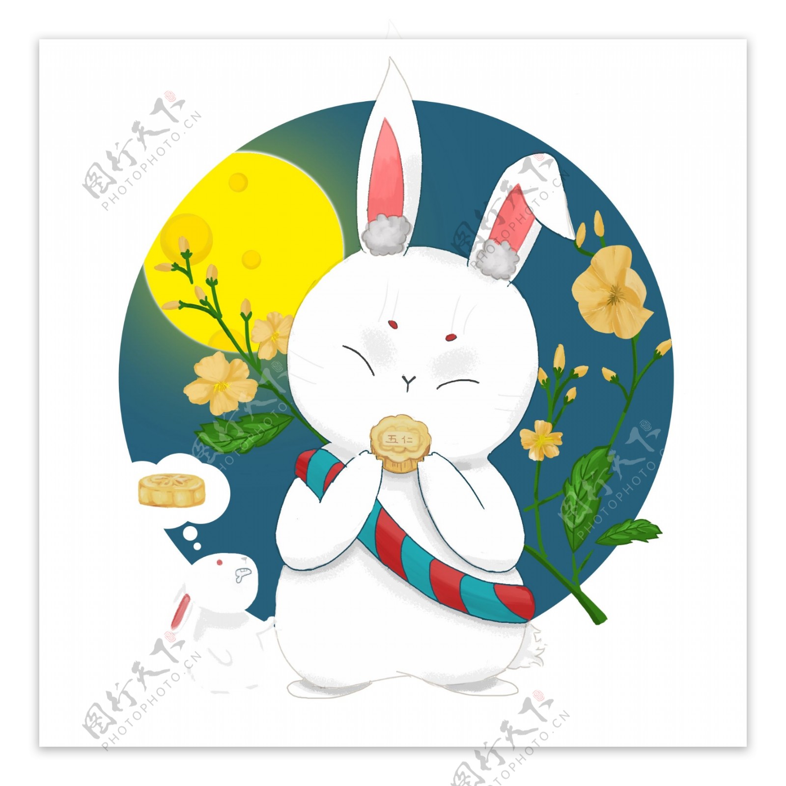 中秋节玉兔插画设计中秋原创商用白兔吃月饼两个兔子商用