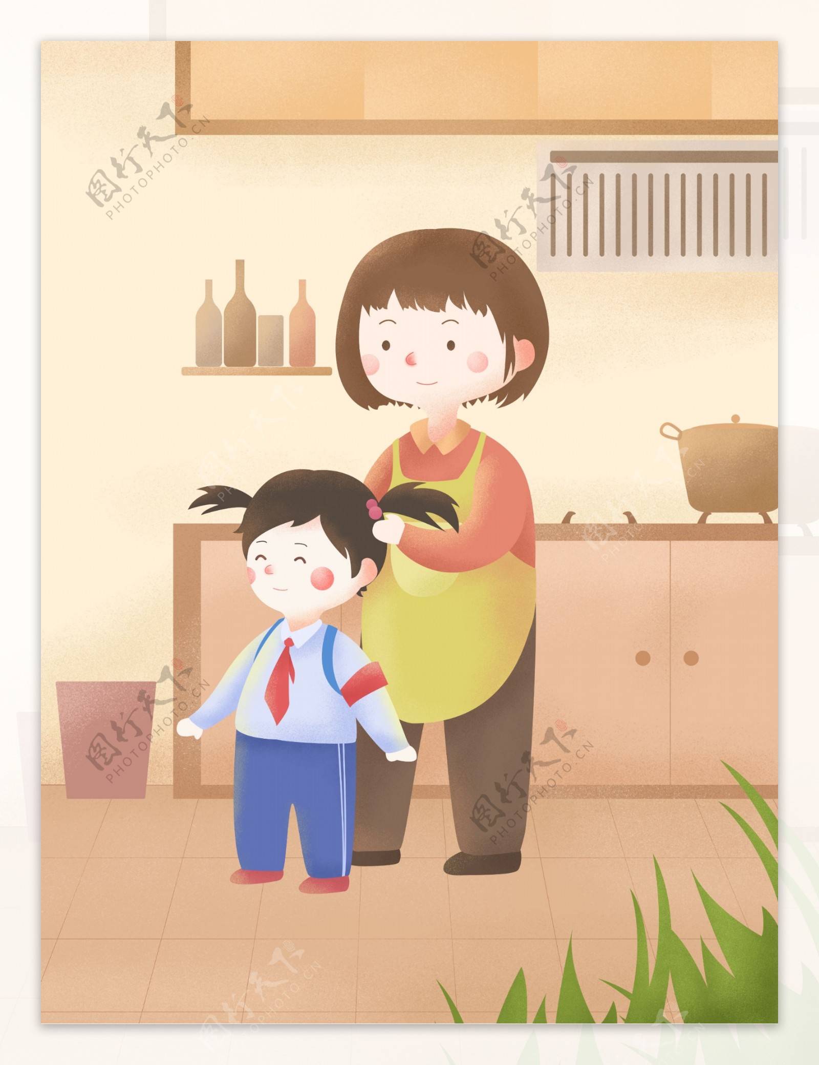 在厨房给孩子绑头发的妈妈母亲节海报背景