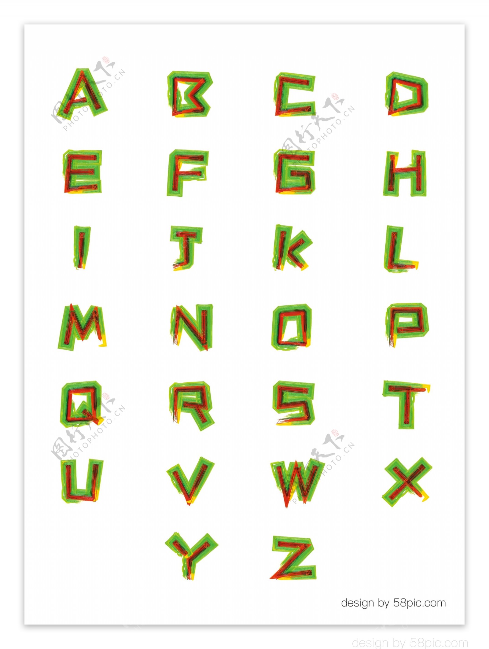 二十六英文字母多色水彩风格字体
