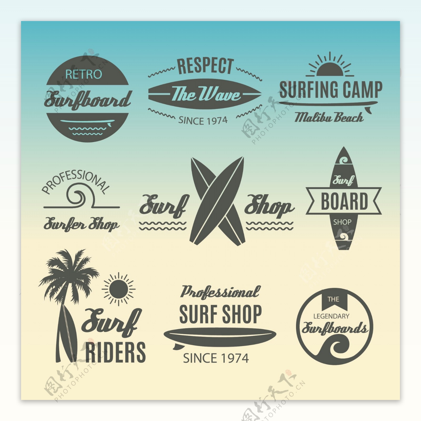 简约黑白沙滩旅行图标设计元素