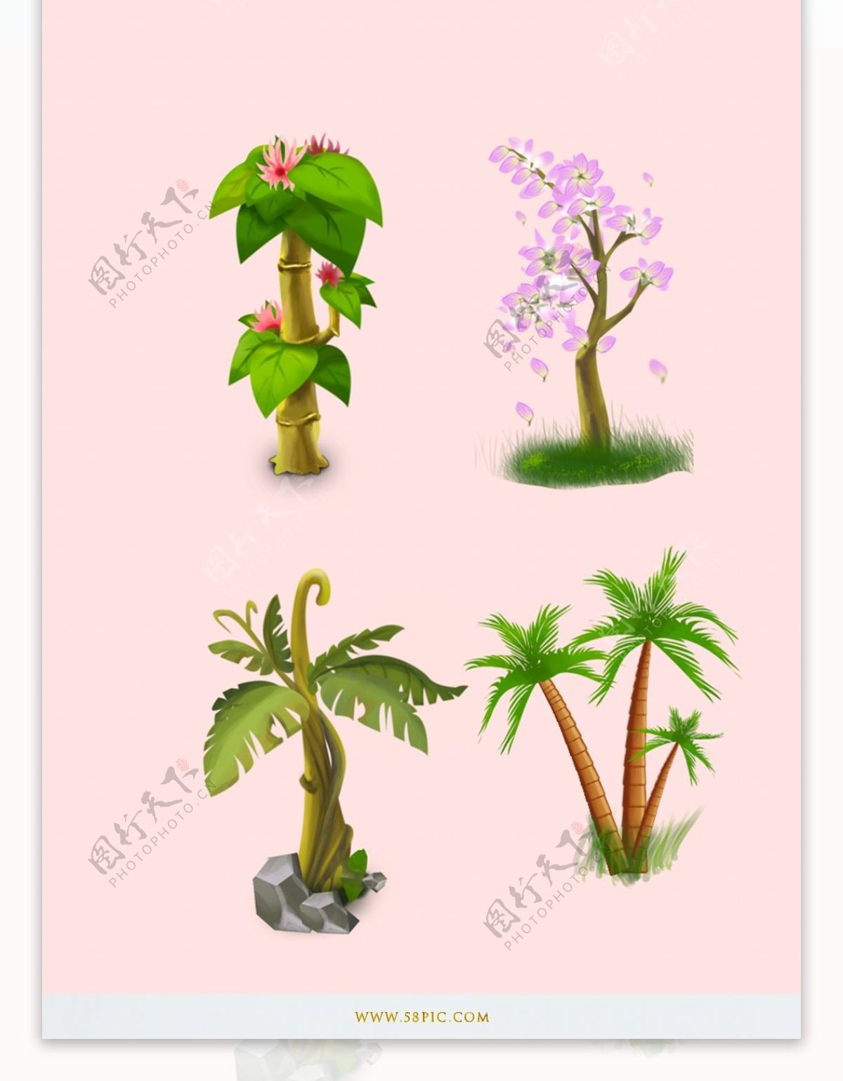 夏季手绘树木粉色花设计元素