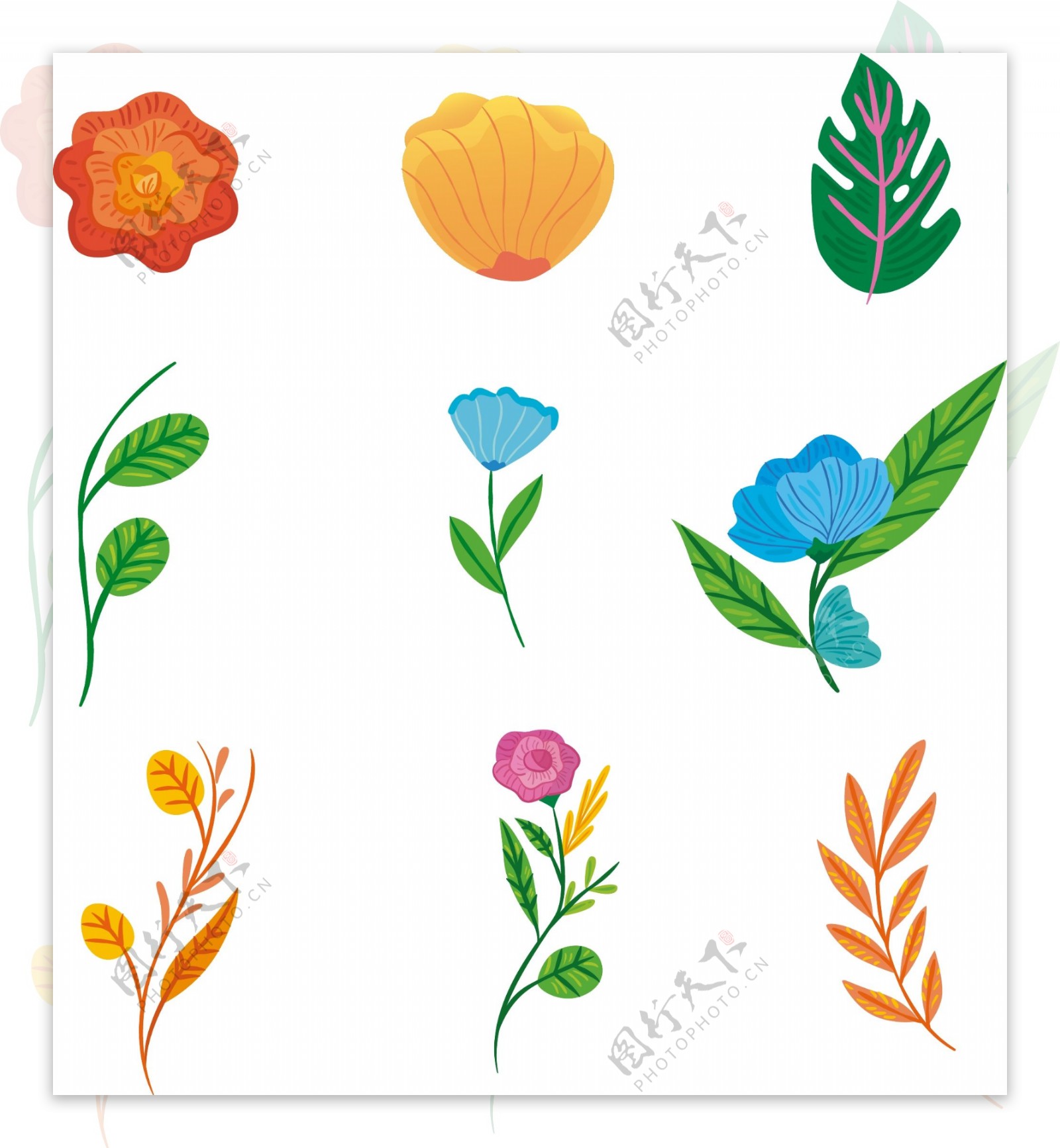 9款手绘植物水彩手绘商用元素花朵