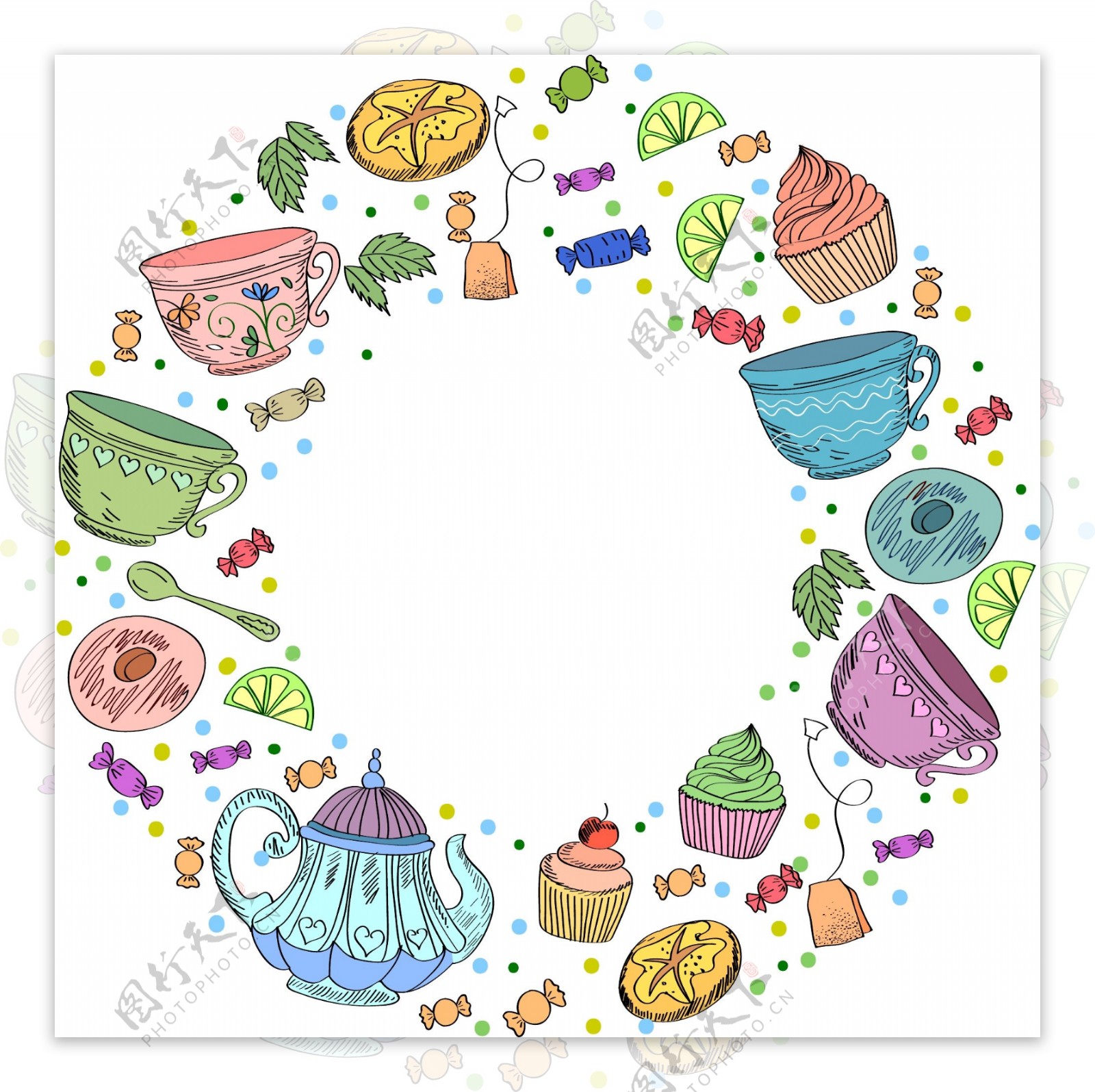 矢量手绘彩色茶壶与甜点