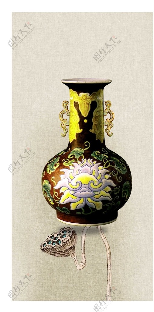 装饰画中式花瓶莲藕