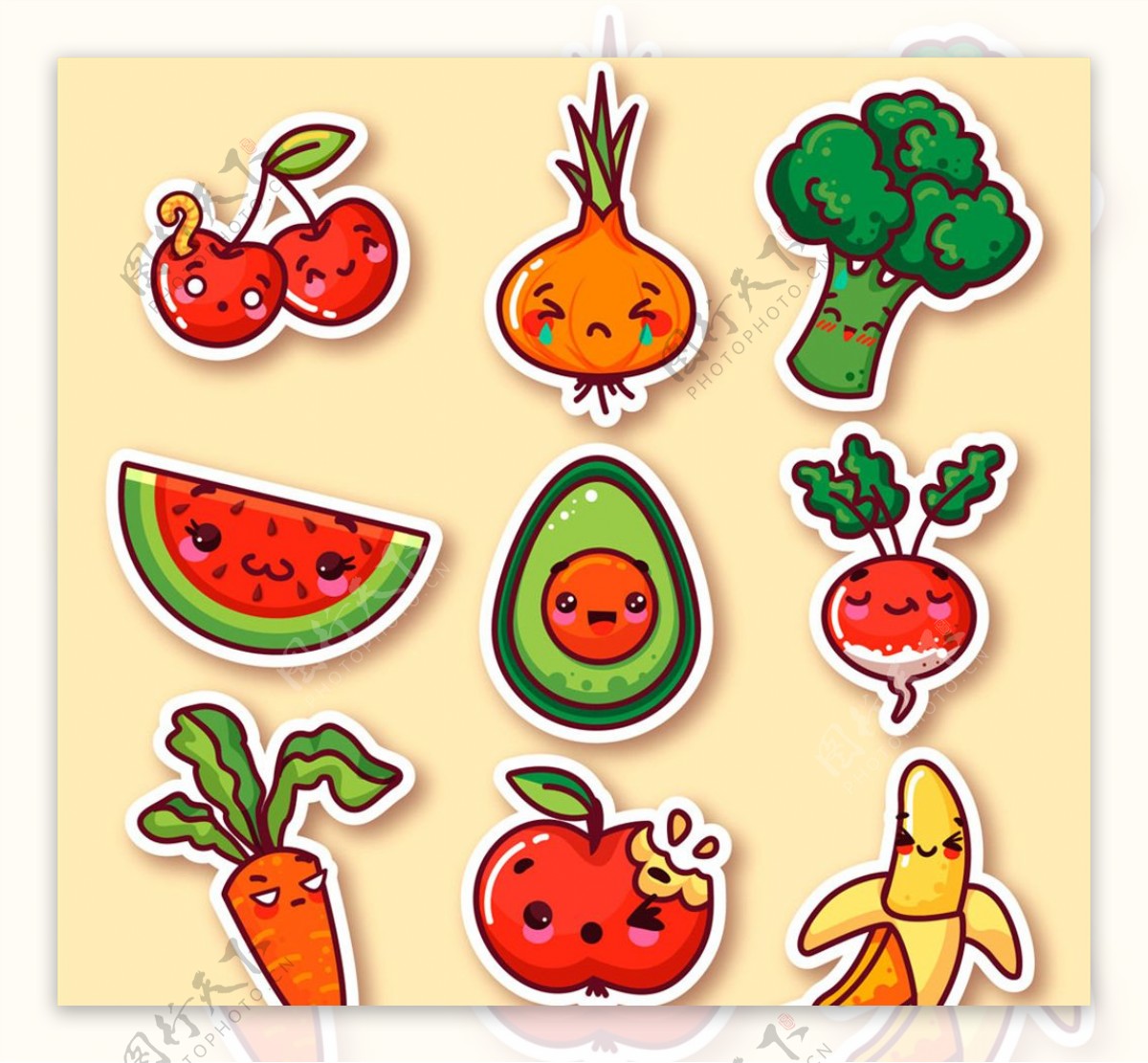 9款可爱表情蔬菜和水果贴纸矢量