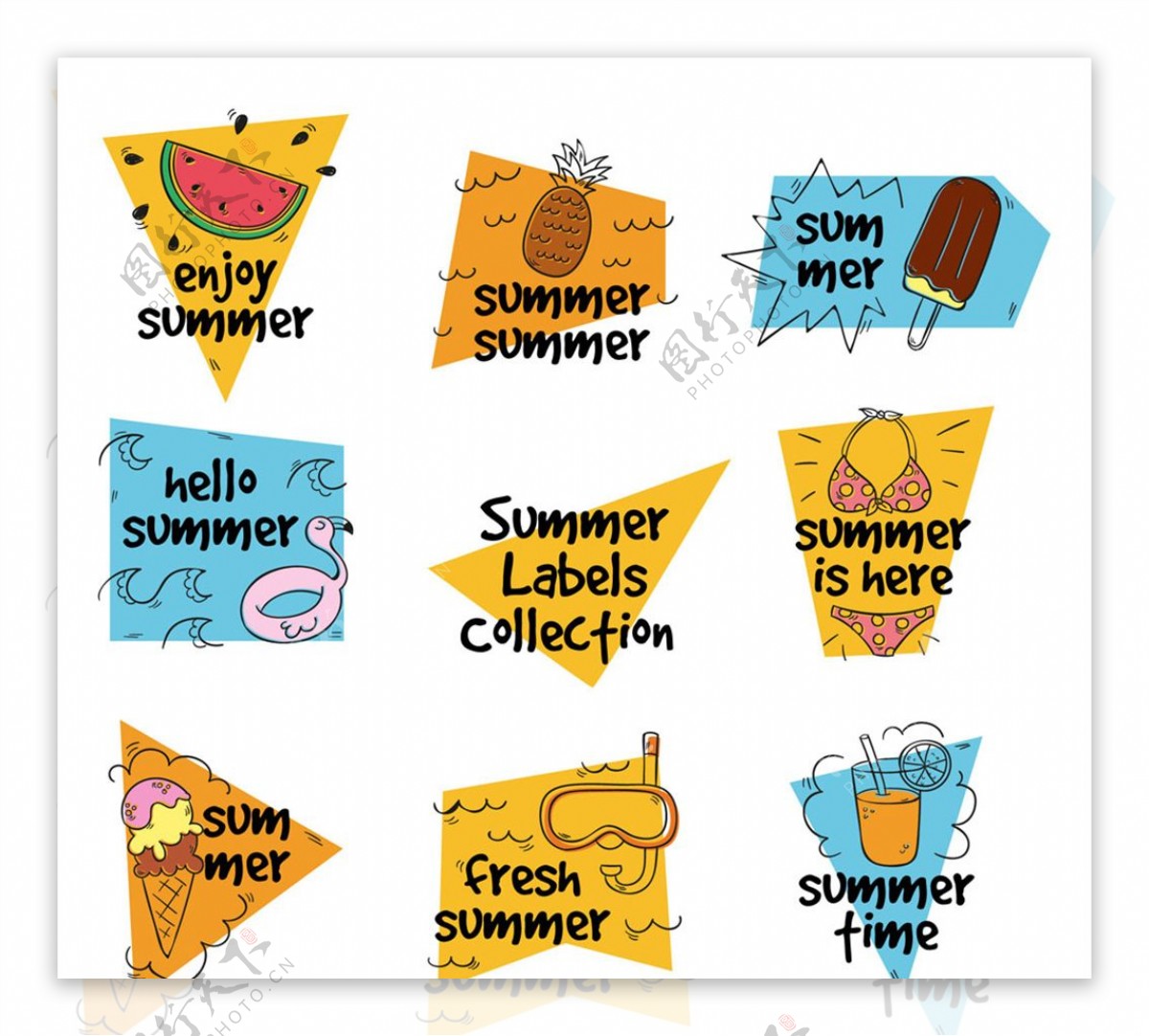 8款彩绘夏季假期标签矢量图