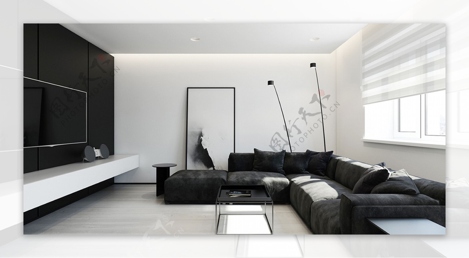 现代简约黑白风格客厅装修效果图