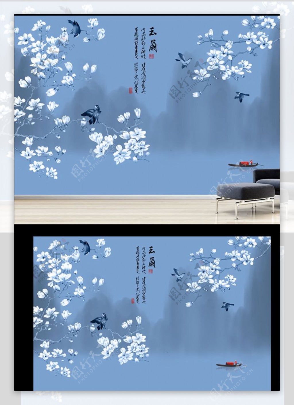 新中式手绘玉兰工笔花鸟电视背景