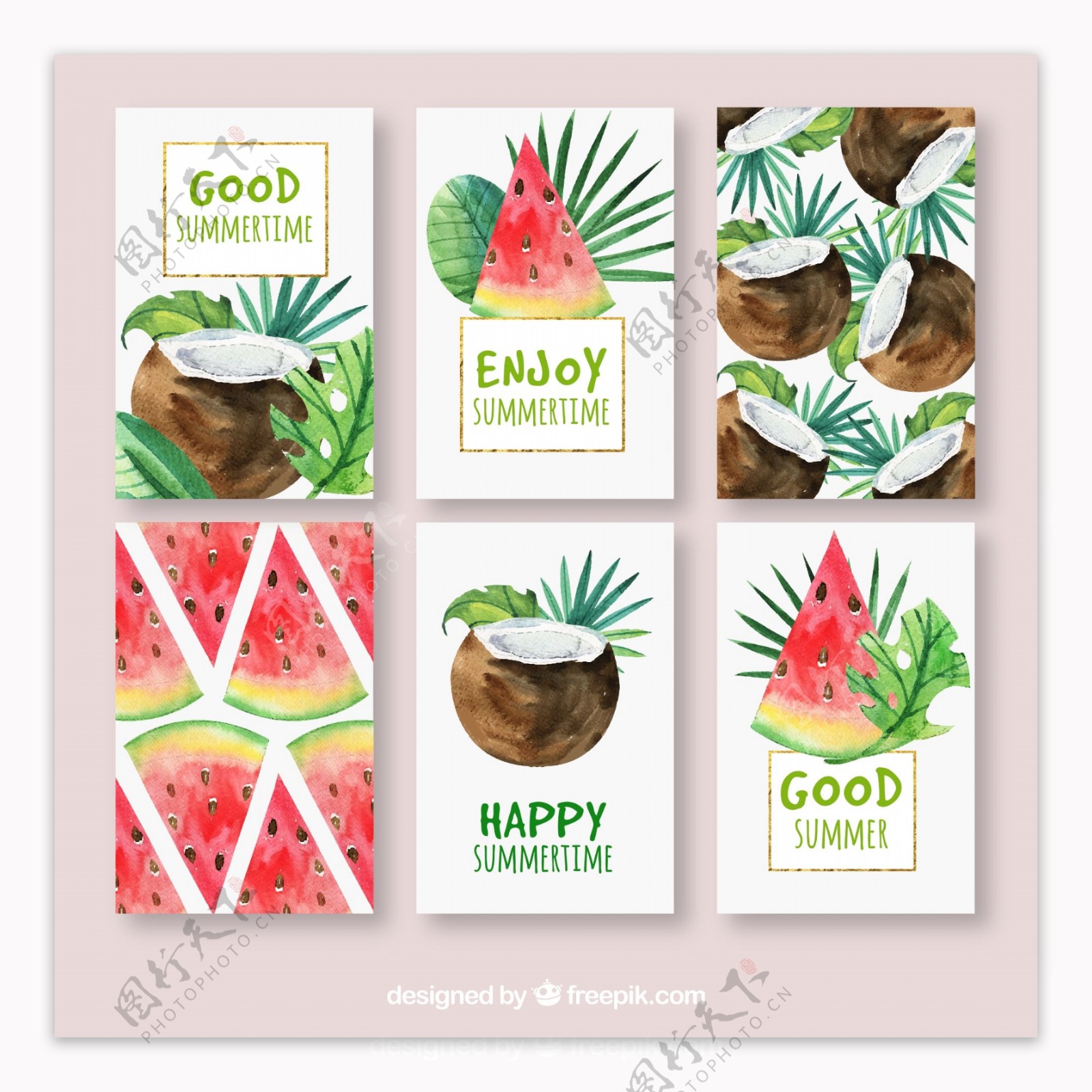 包装西瓜和水彩椰子卡