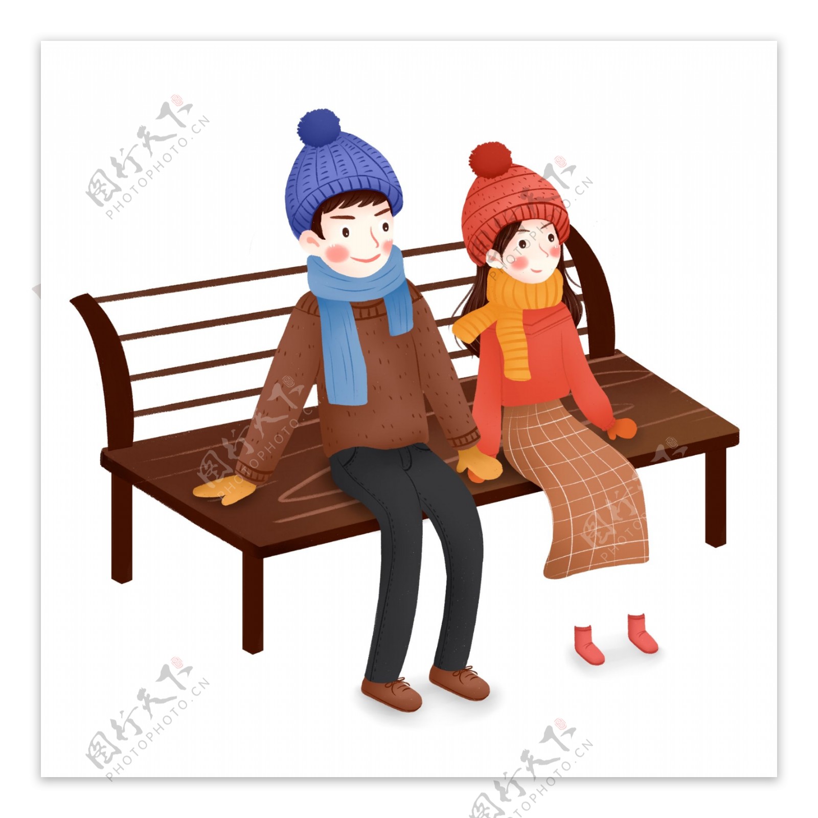 手绘坐在公园长椅上的情侣人物设计可商用元素