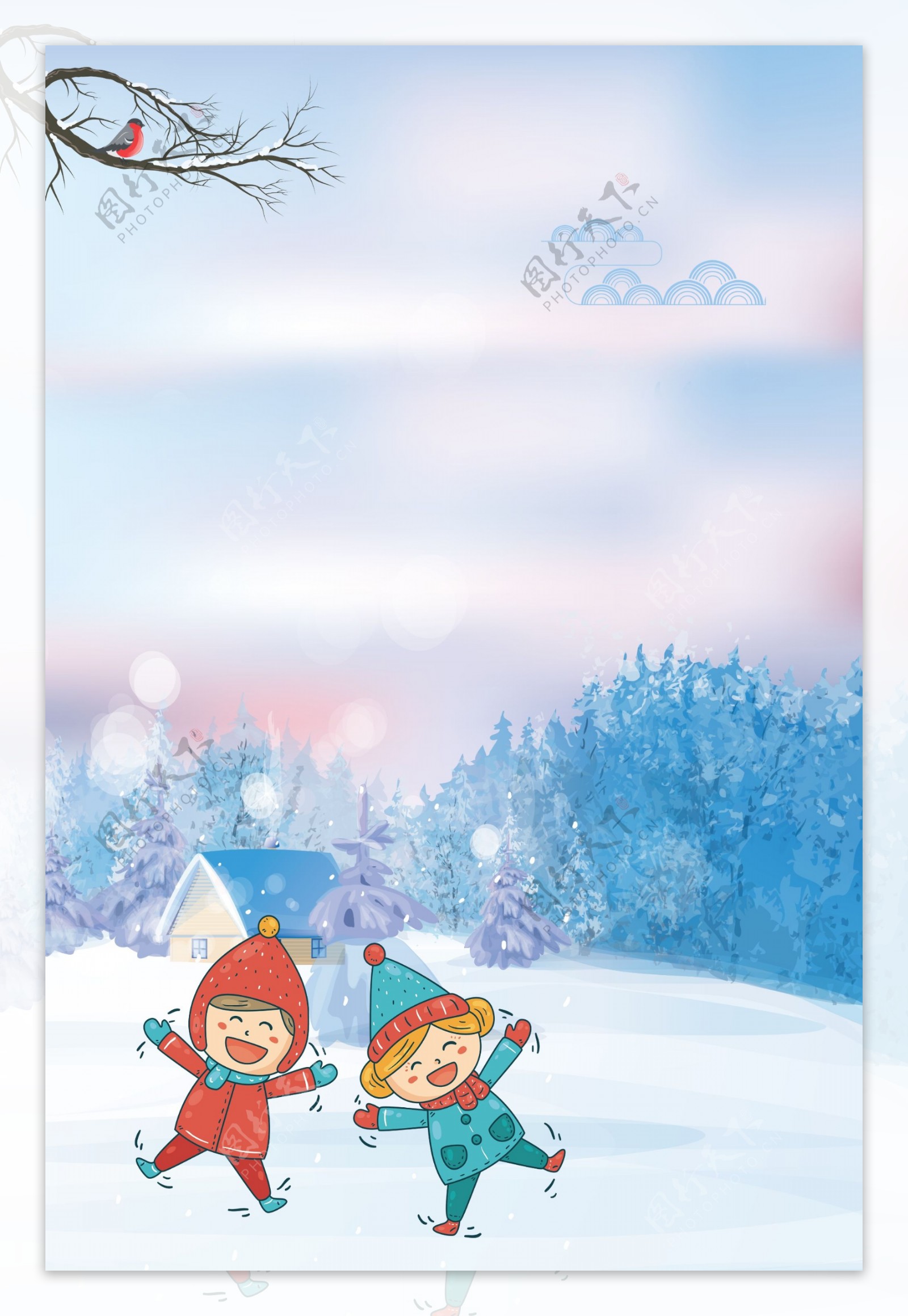 彩绘冬季大雪节气雪地儿童背景素材