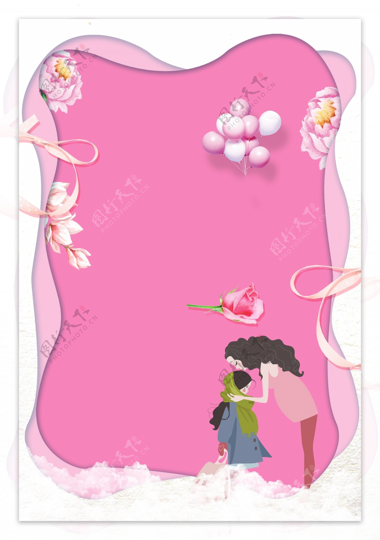 剪纸风粉色气球母女感恩节背景