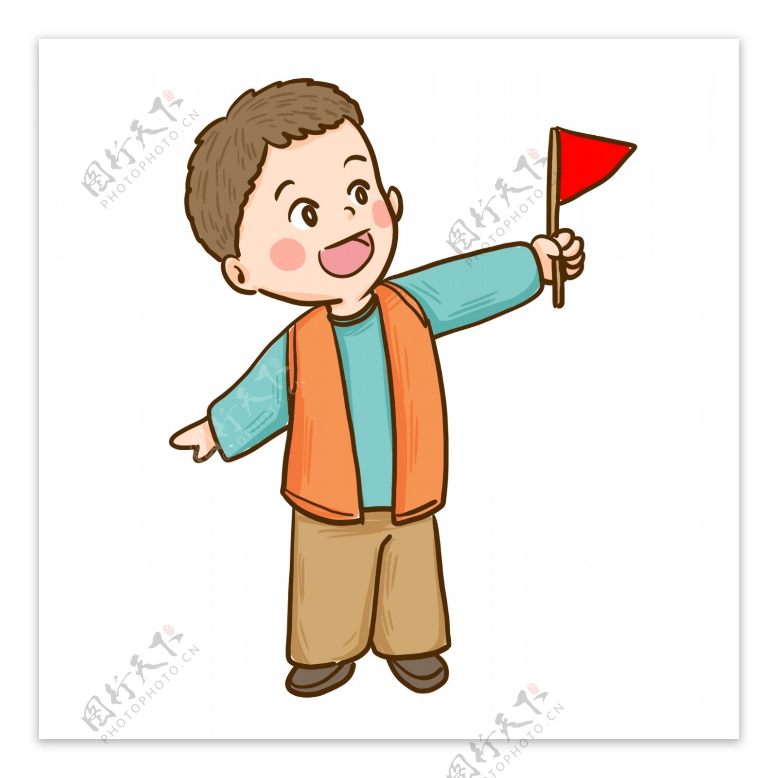 手绘卡通男孩拿着指示旗帜原创元素