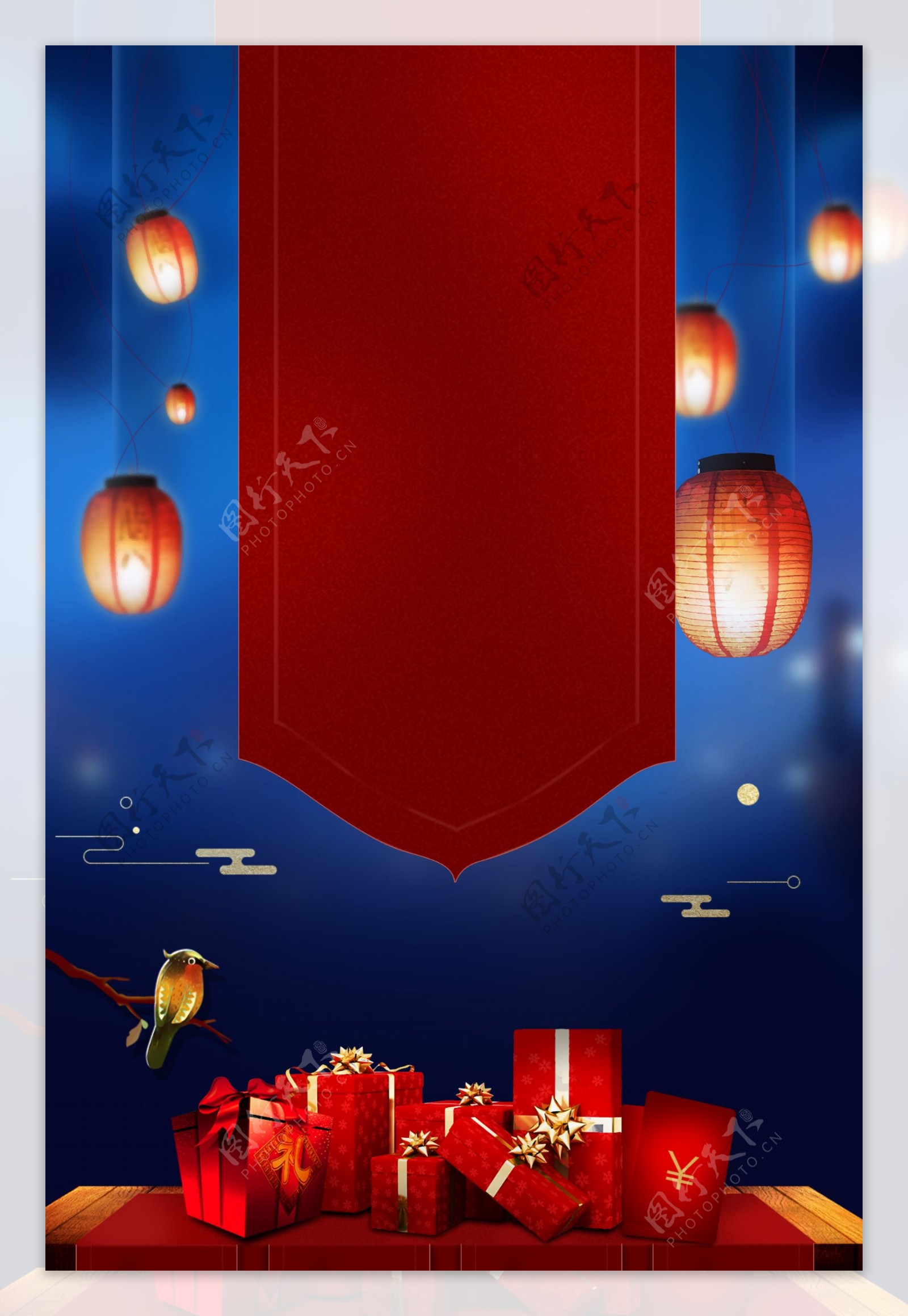 蓝色灯笼新年红色广告背景图