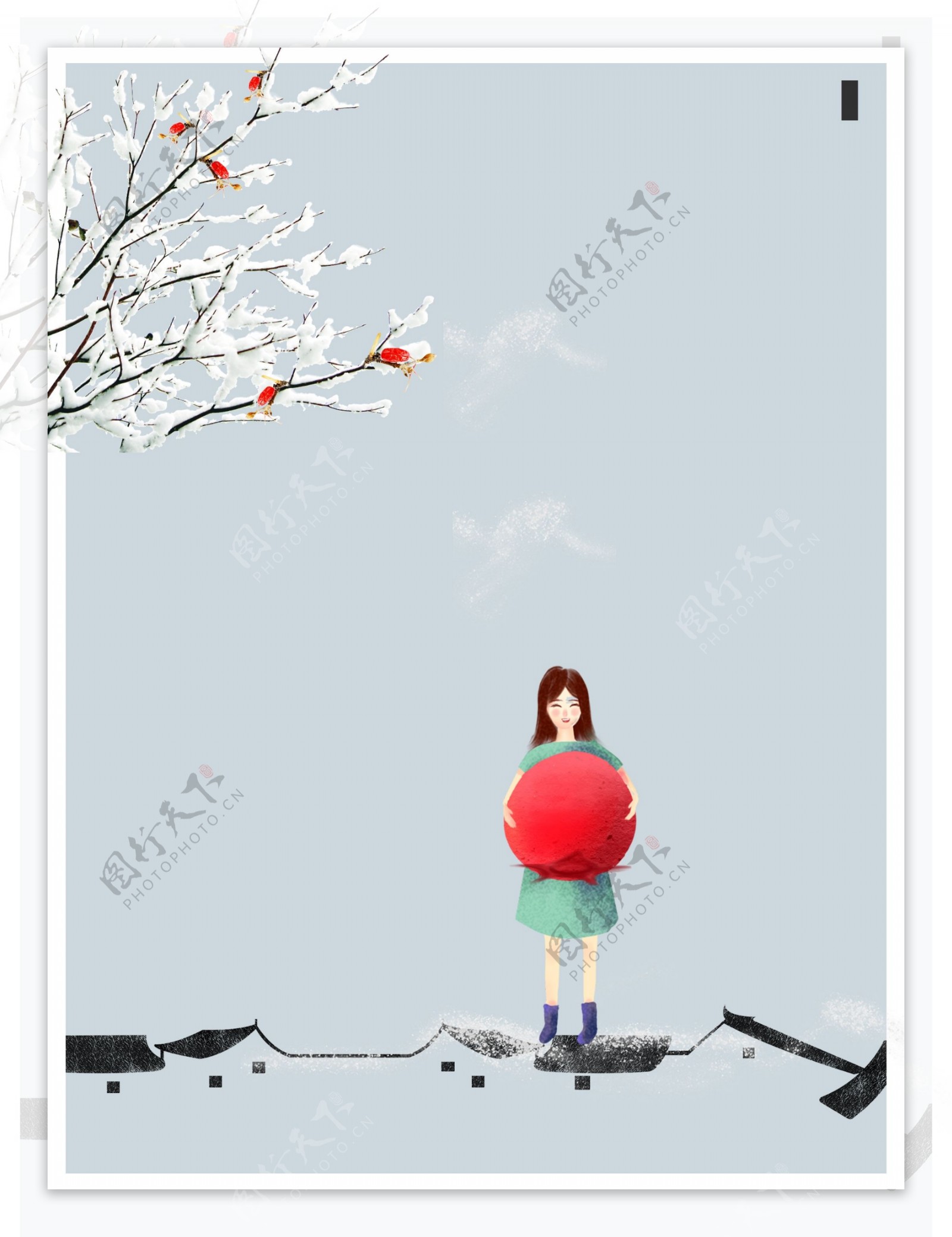站在雪地上抱着红球的女孩冬至背景素材
