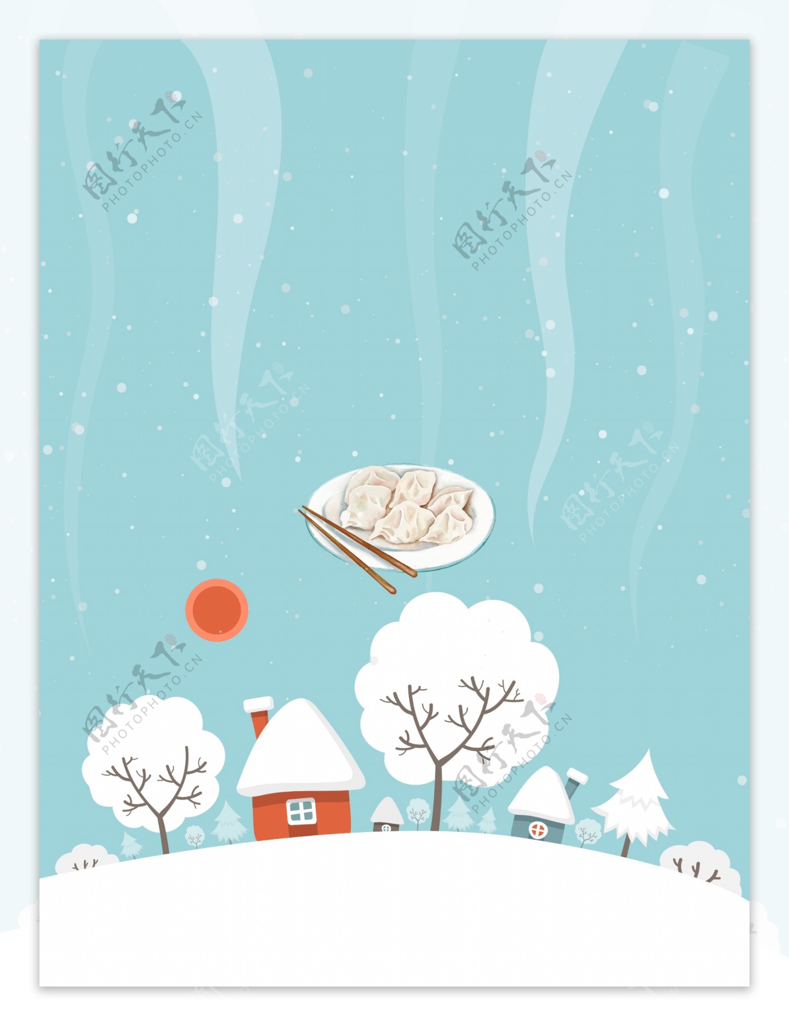 手绘冬至雪屋背景素材
