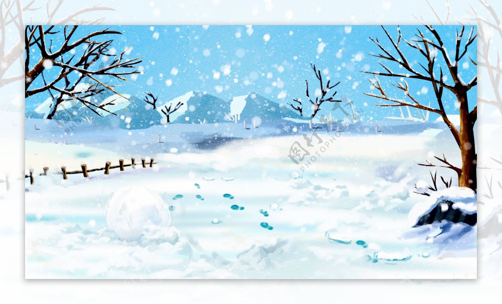 蓝色冬天唯美雪地背景设计