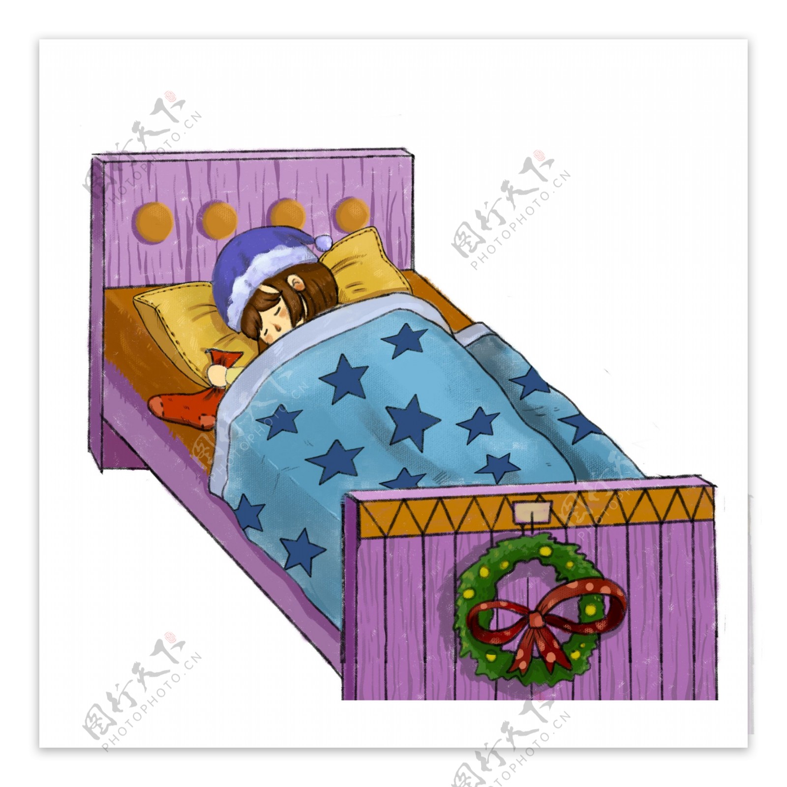 彩绘圣诞节床上睡觉的女孩设计