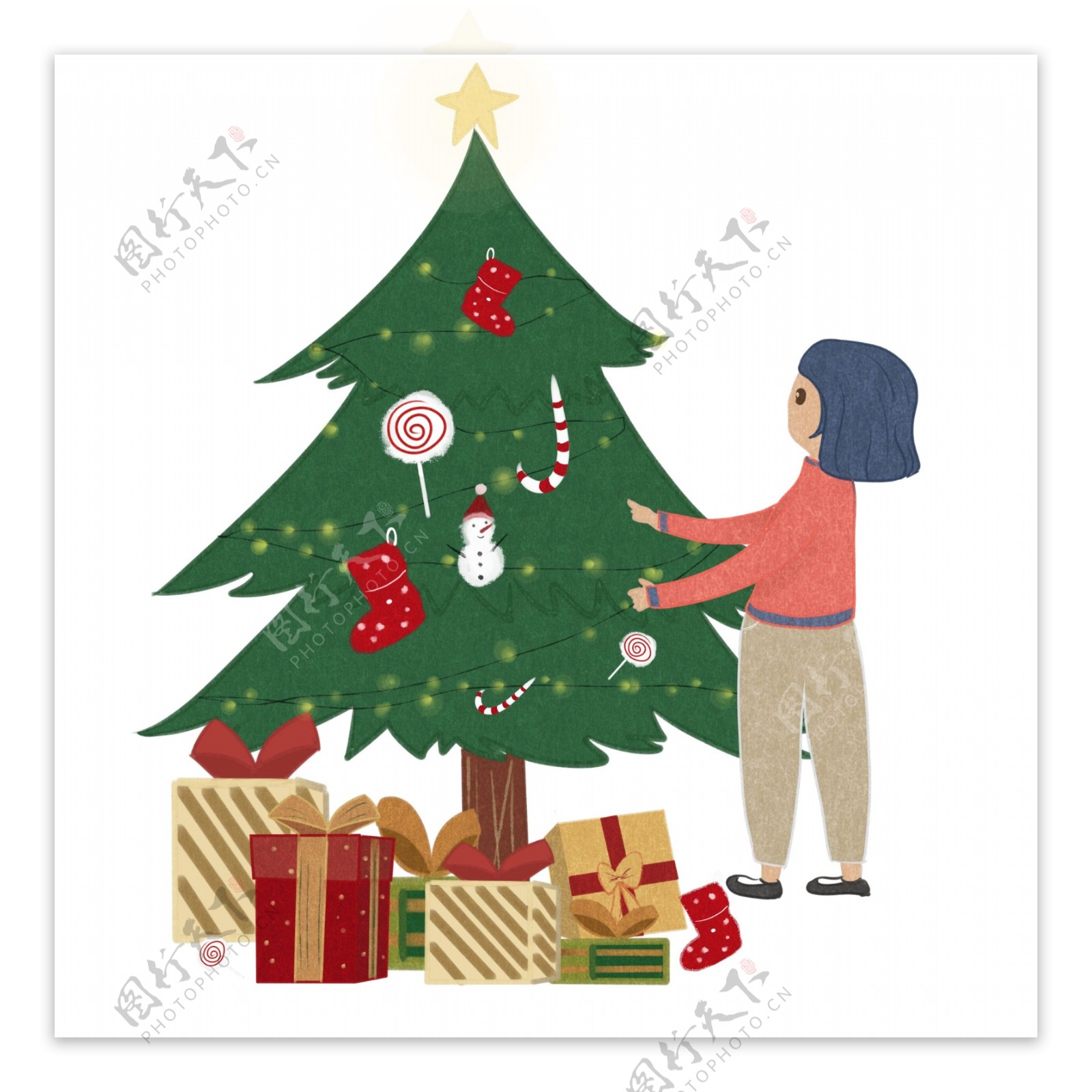 圣诞树和过圣诞节的女孩卡通写实设计