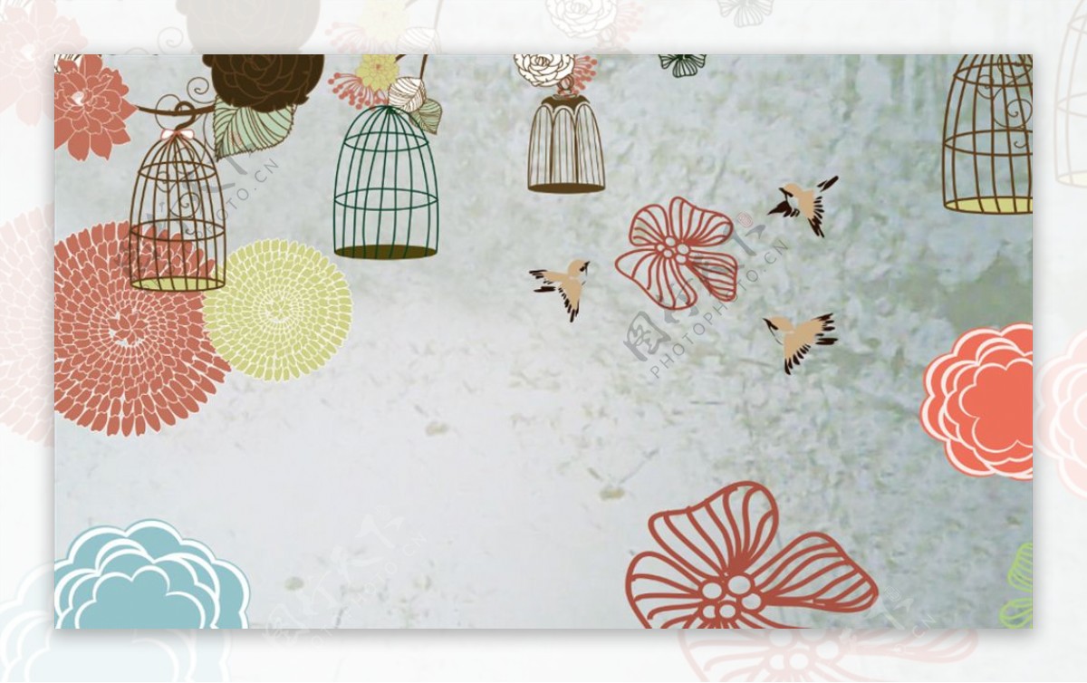 抽象手绘鸟笼花朵背景墙