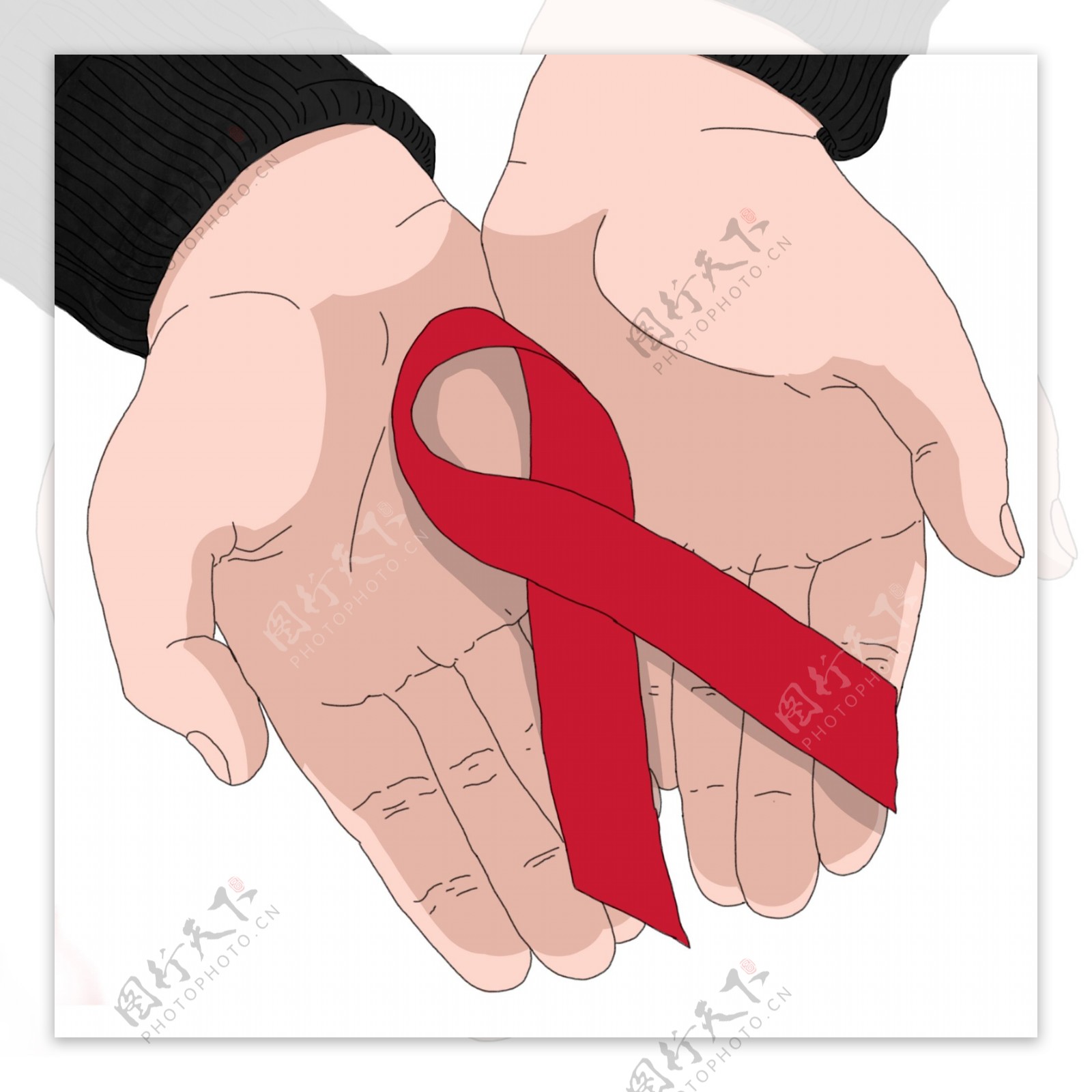 手绘双手和艾滋病标志插画元素设计