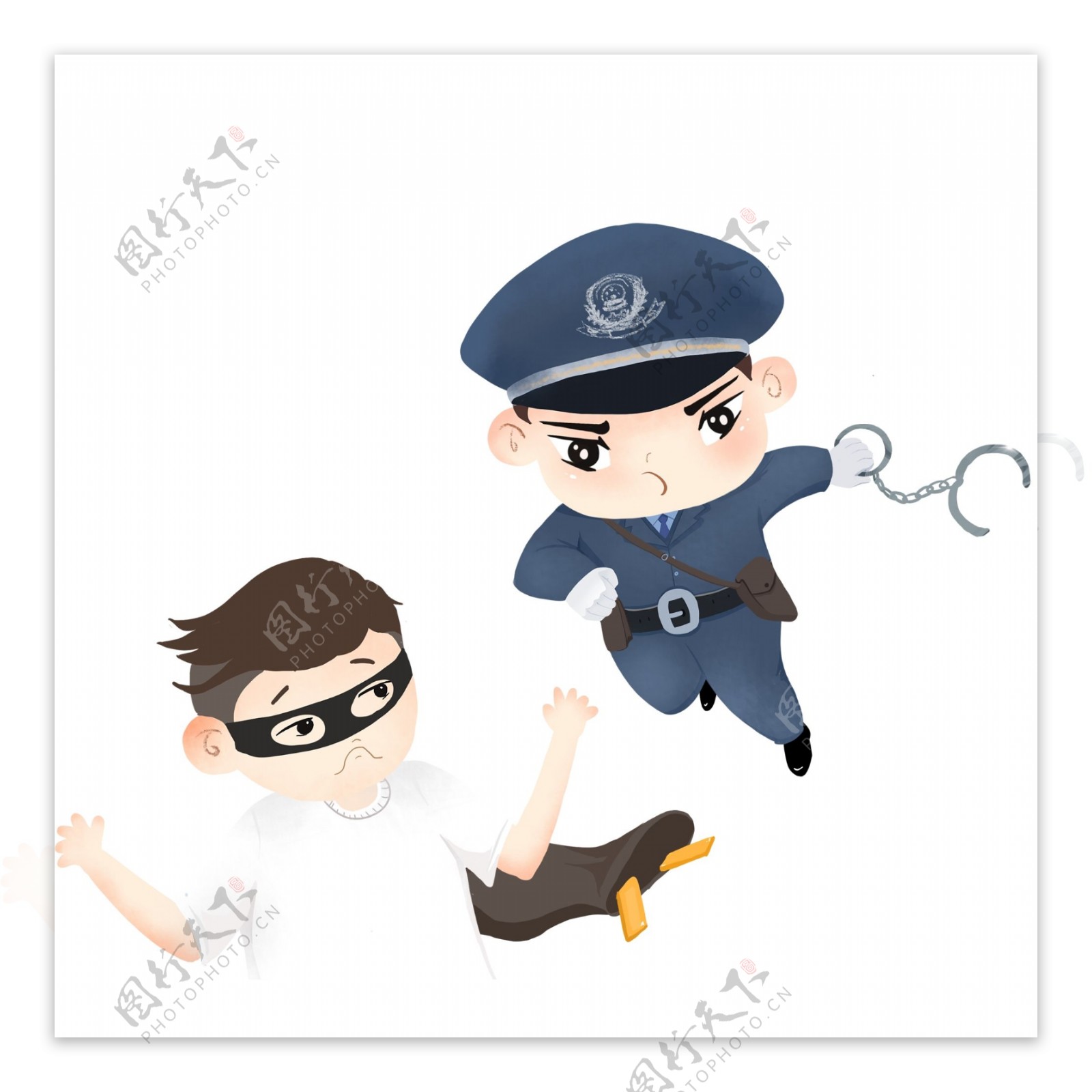卡通手绘抓小偷的警察