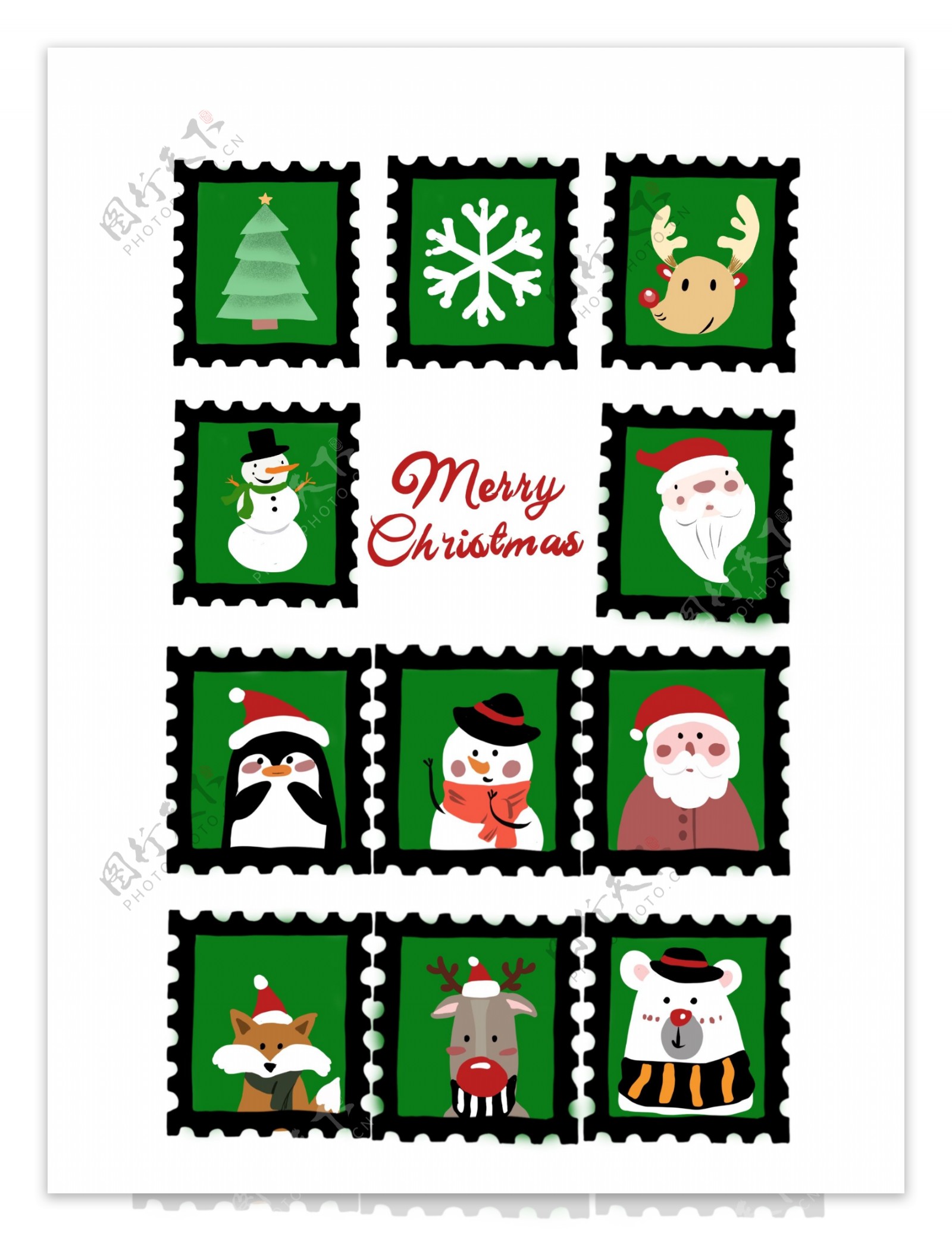 圣诞节邮票圣诞老人元素手绘贴纸