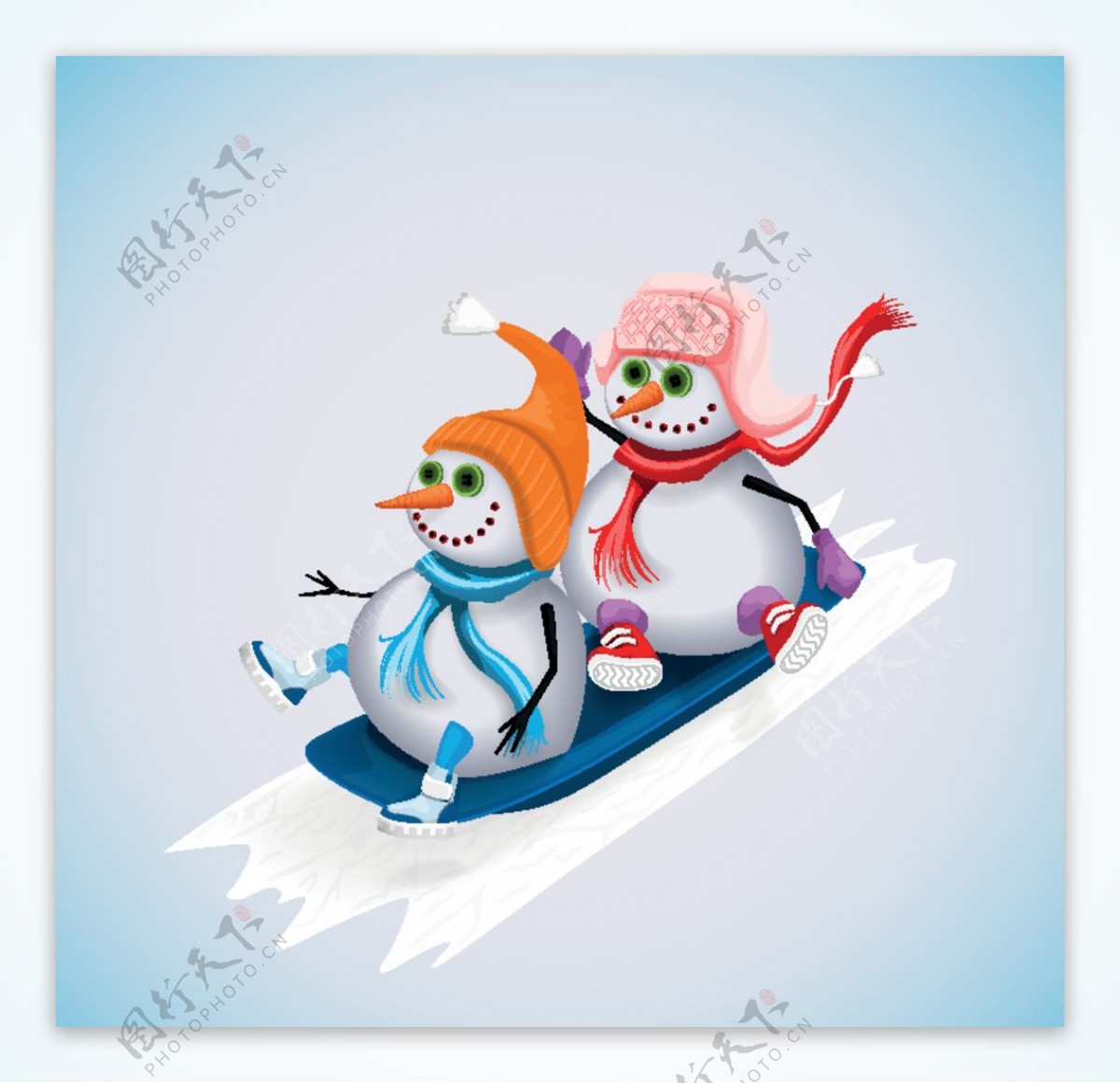 卡通滑雪的2个雪人矢量素材