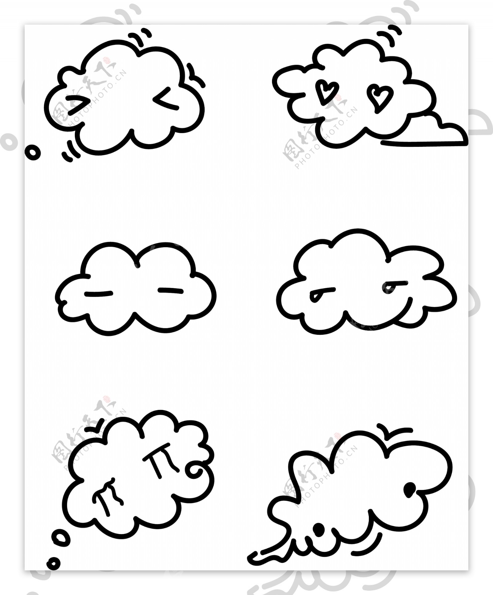 简笔黑白卡通矢量白云可爱表情可商用元素