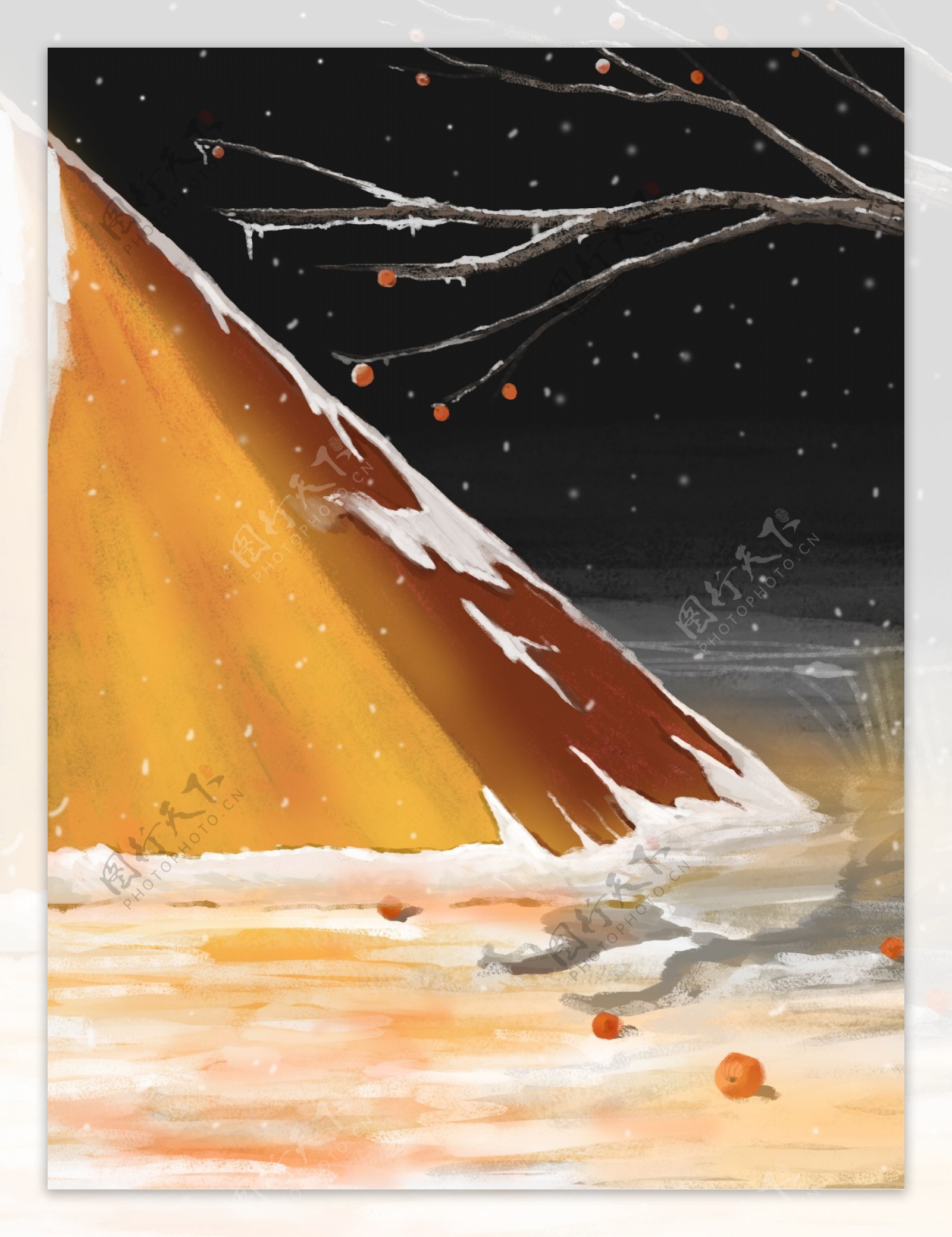 手绘节气大雪黄色山坡背景素材