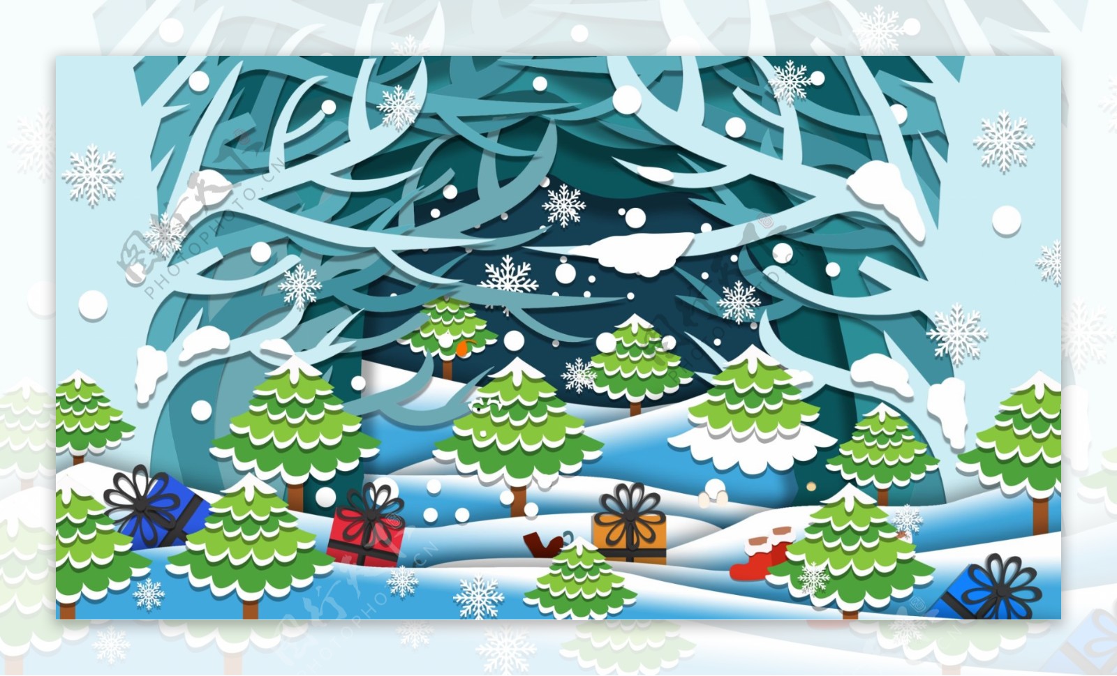 纸片风树林中的圣诞树背景素材
