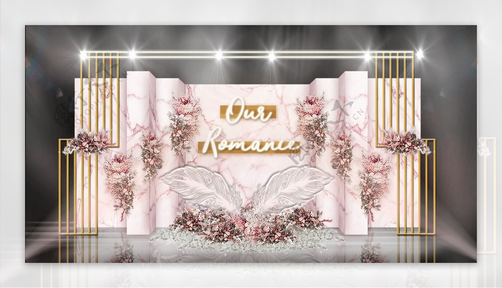 粉色立体层次背景金线条方框装饰婚礼效果图
