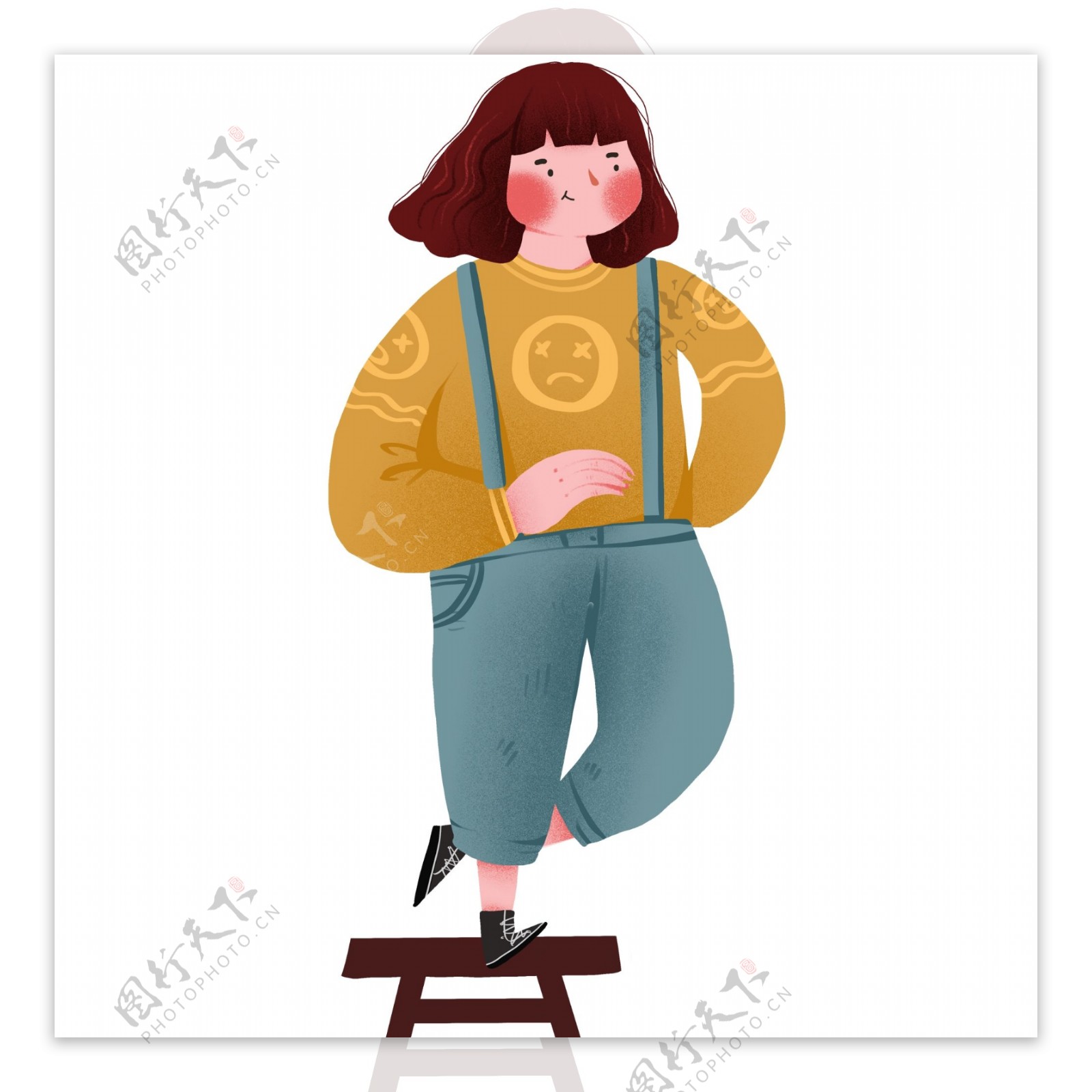 彩绘站在凳子上的女孩卡通人物设计