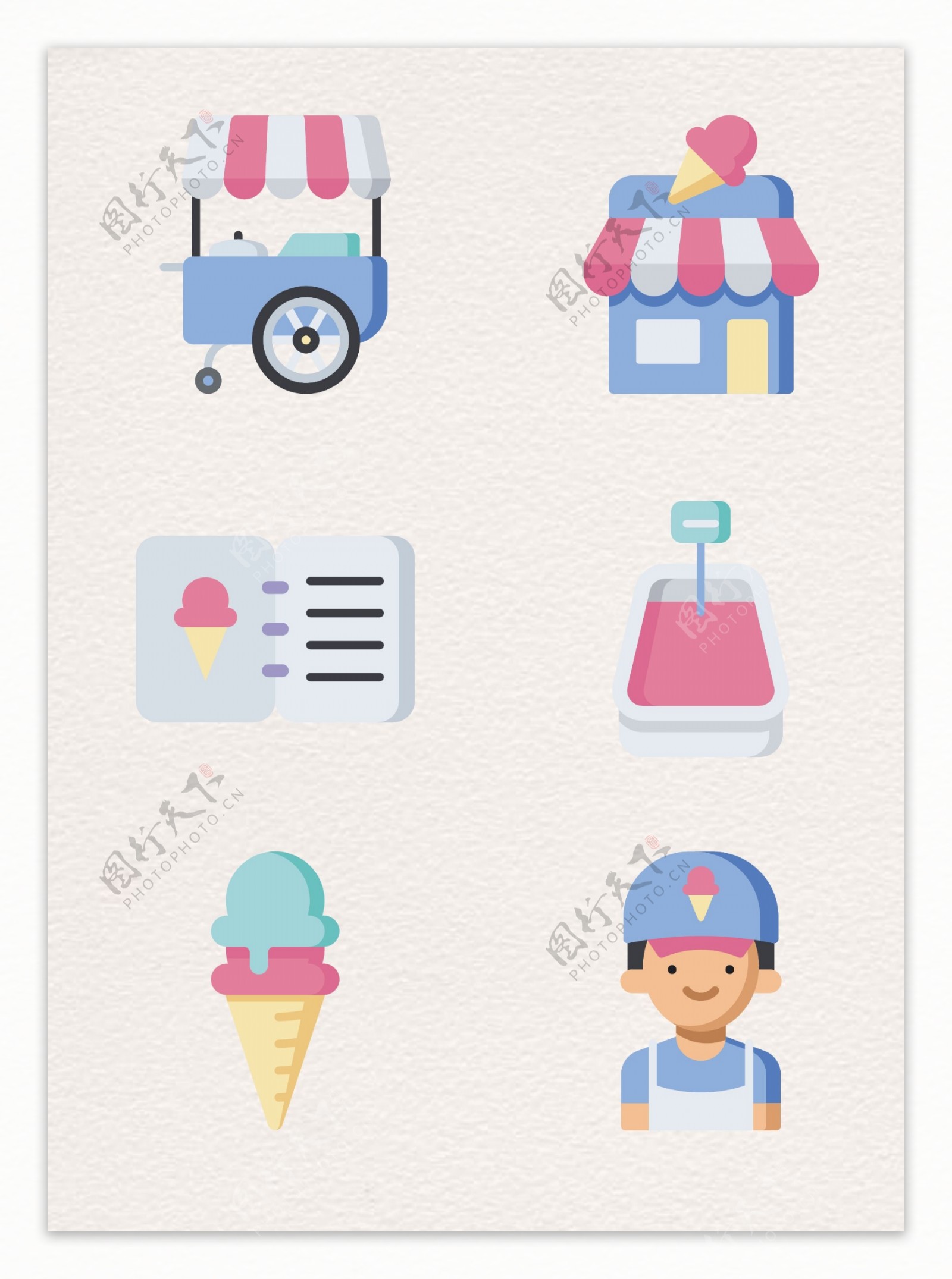 粉蓝色冰淇淋店元素卡通设计