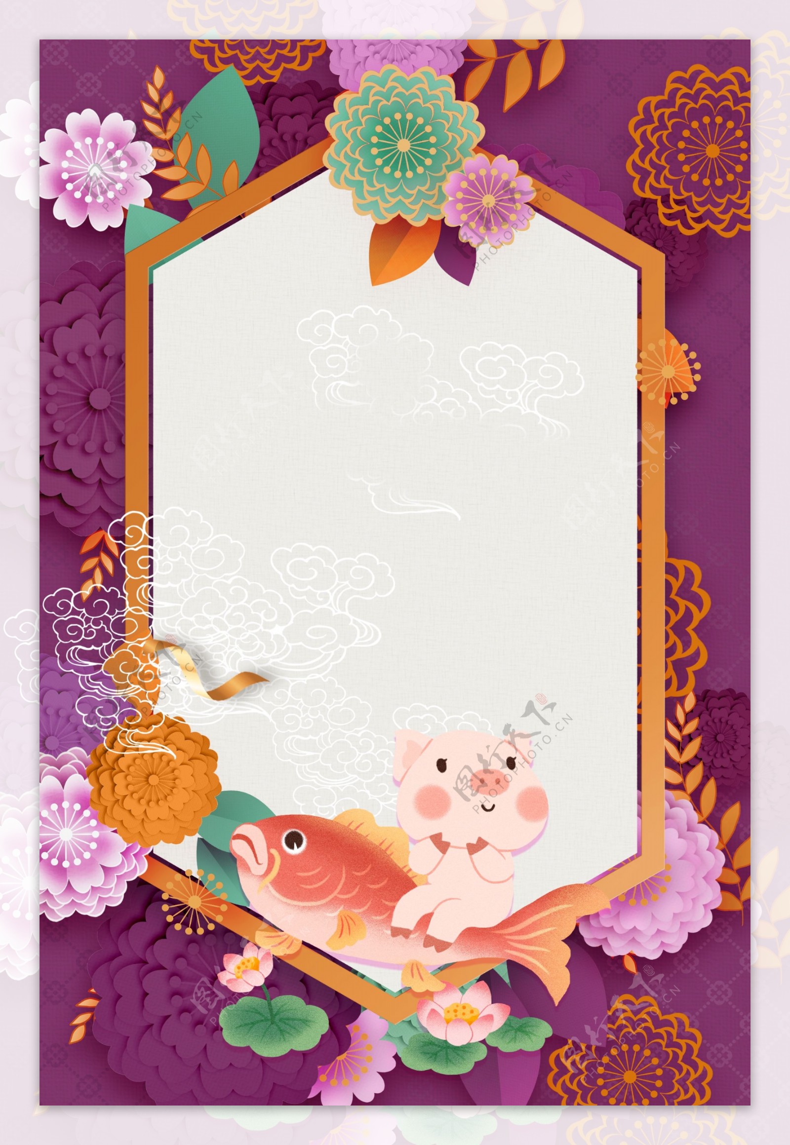 剪纸风彩色新年花朵锦鲤背景素材
