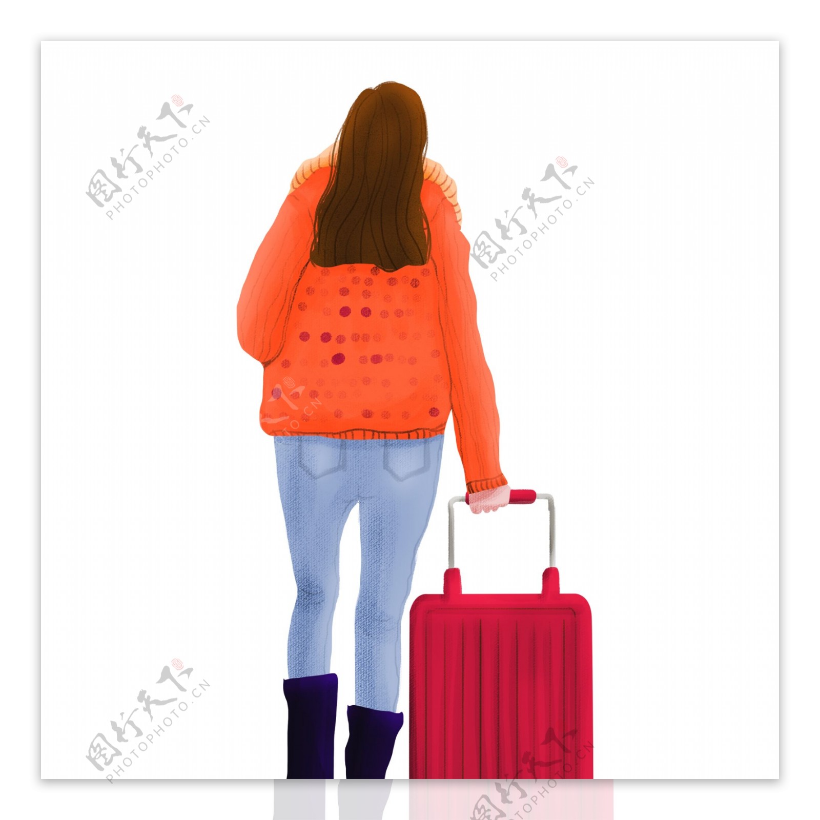 卡通手绘拖着行李箱的女人人物背影设计