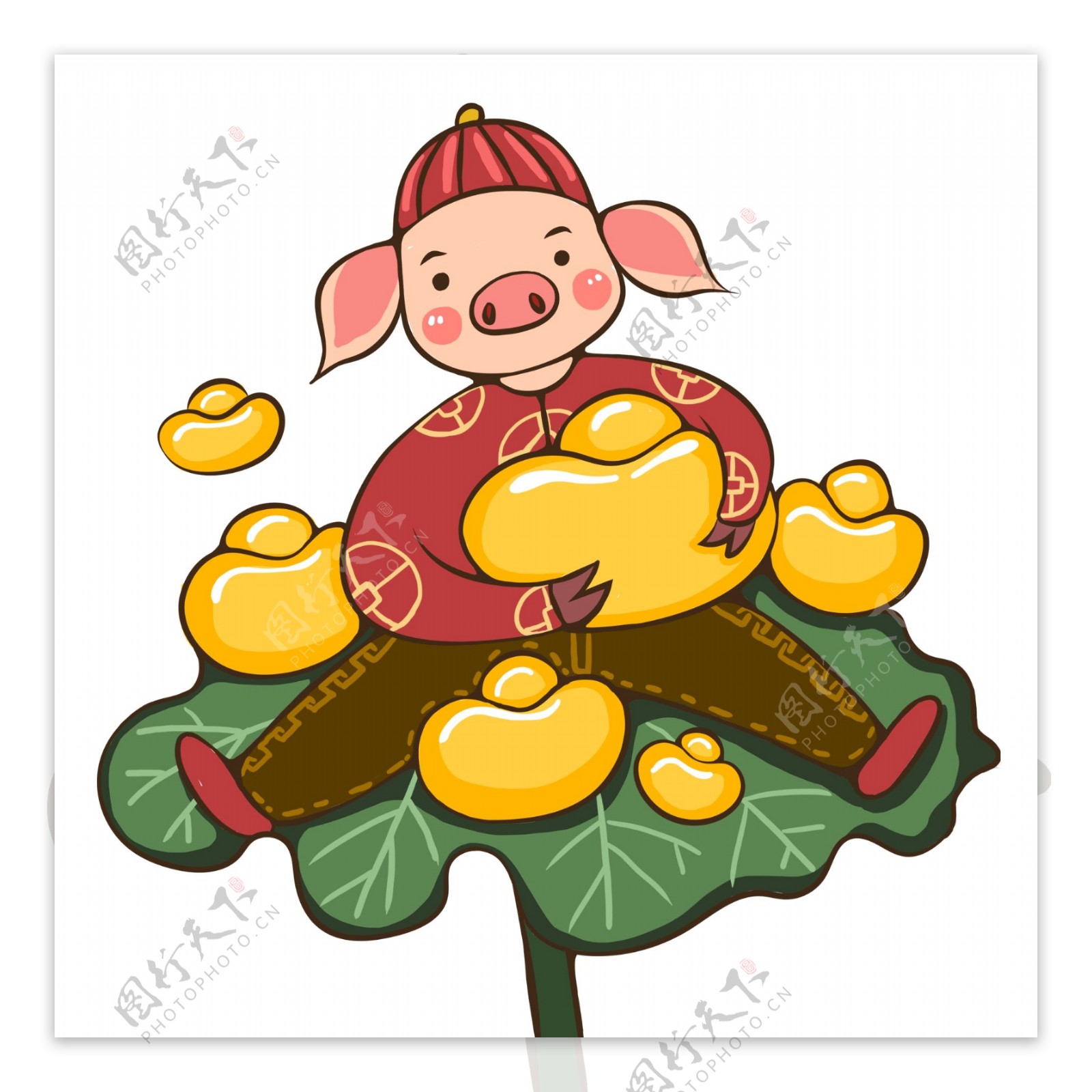传统中国风坐在荷叶上抱着金元宝的小猪设计