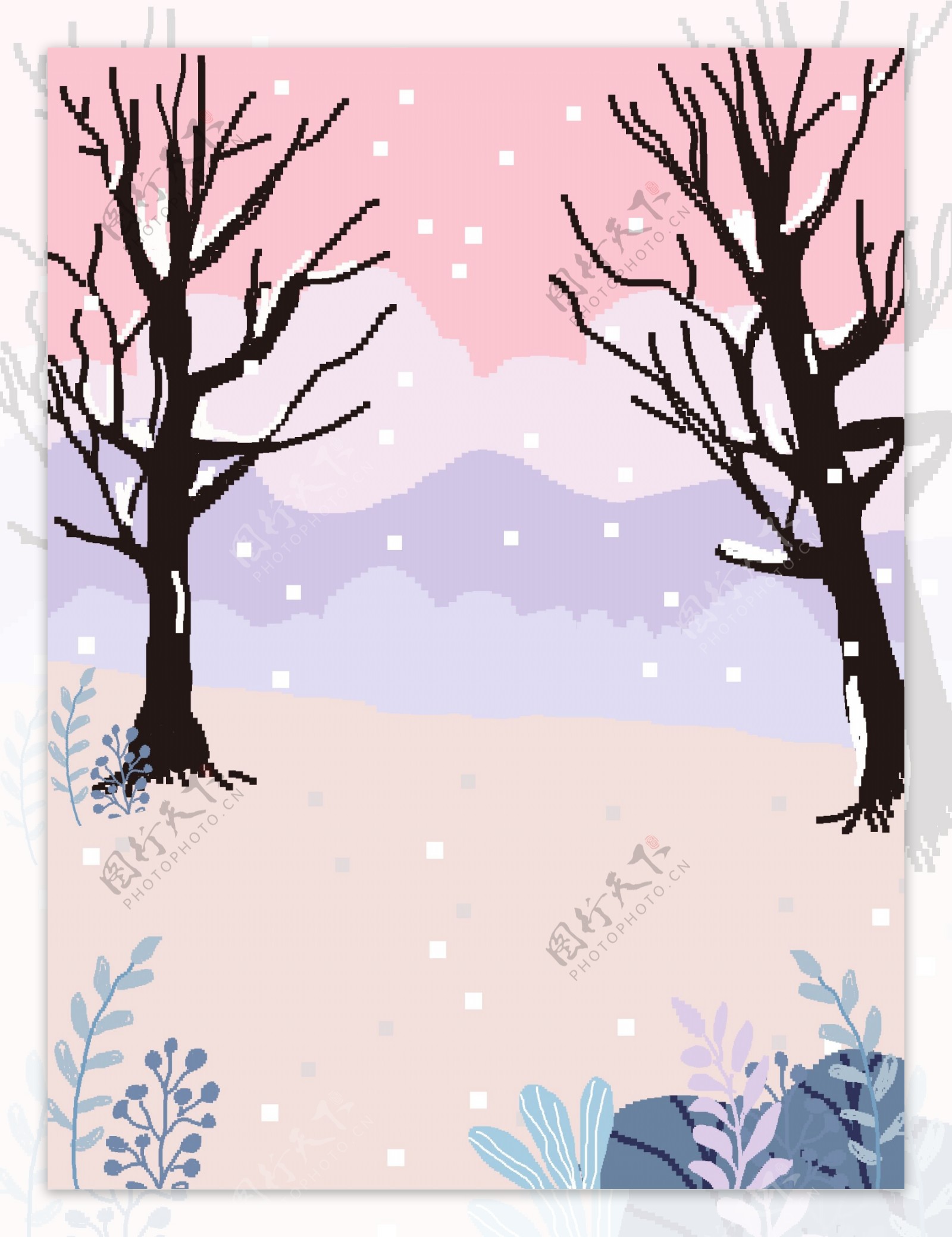 清新彩绘像素风雪地树林背景设计