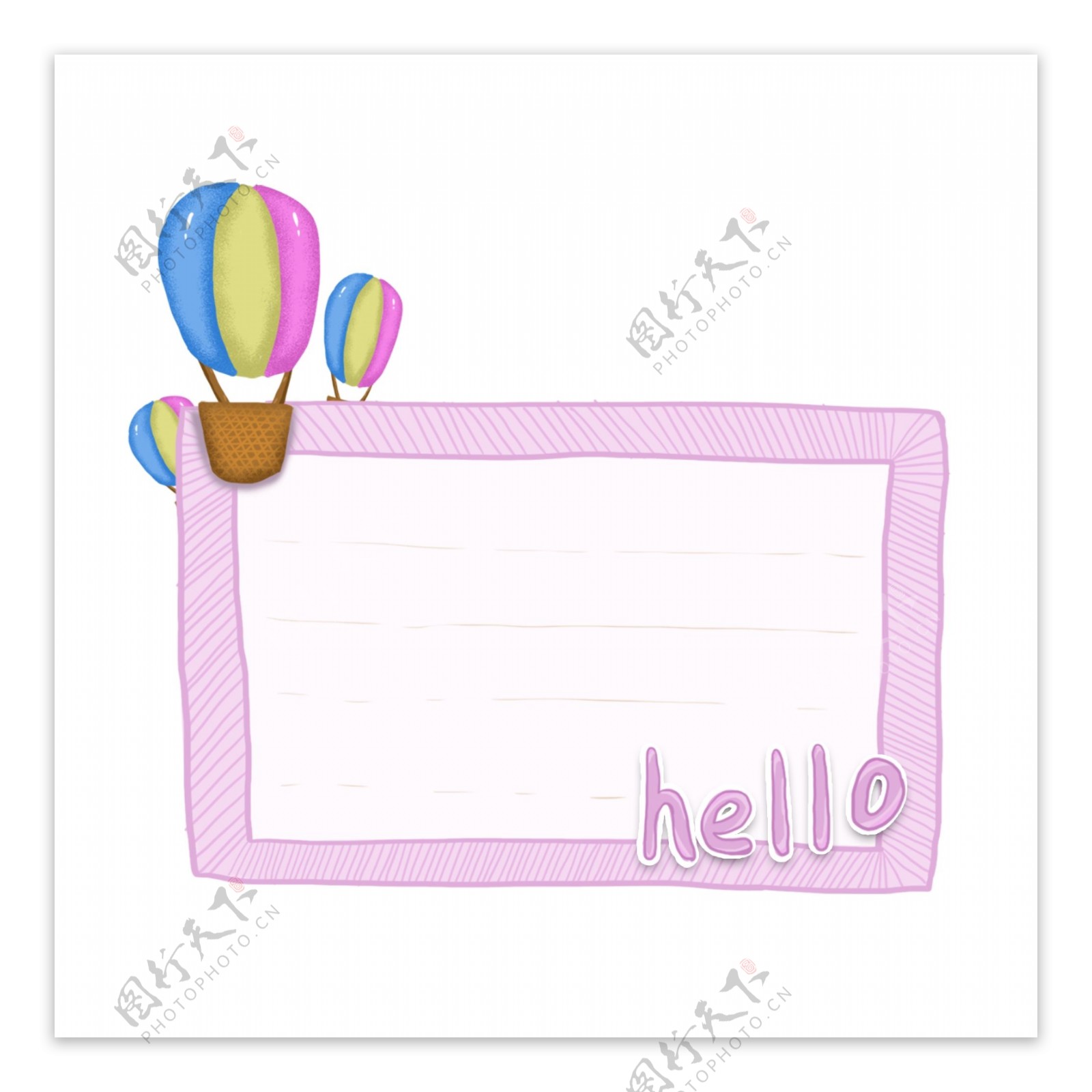 原创紫色手绘对话框边框卡通热气球装饰元素